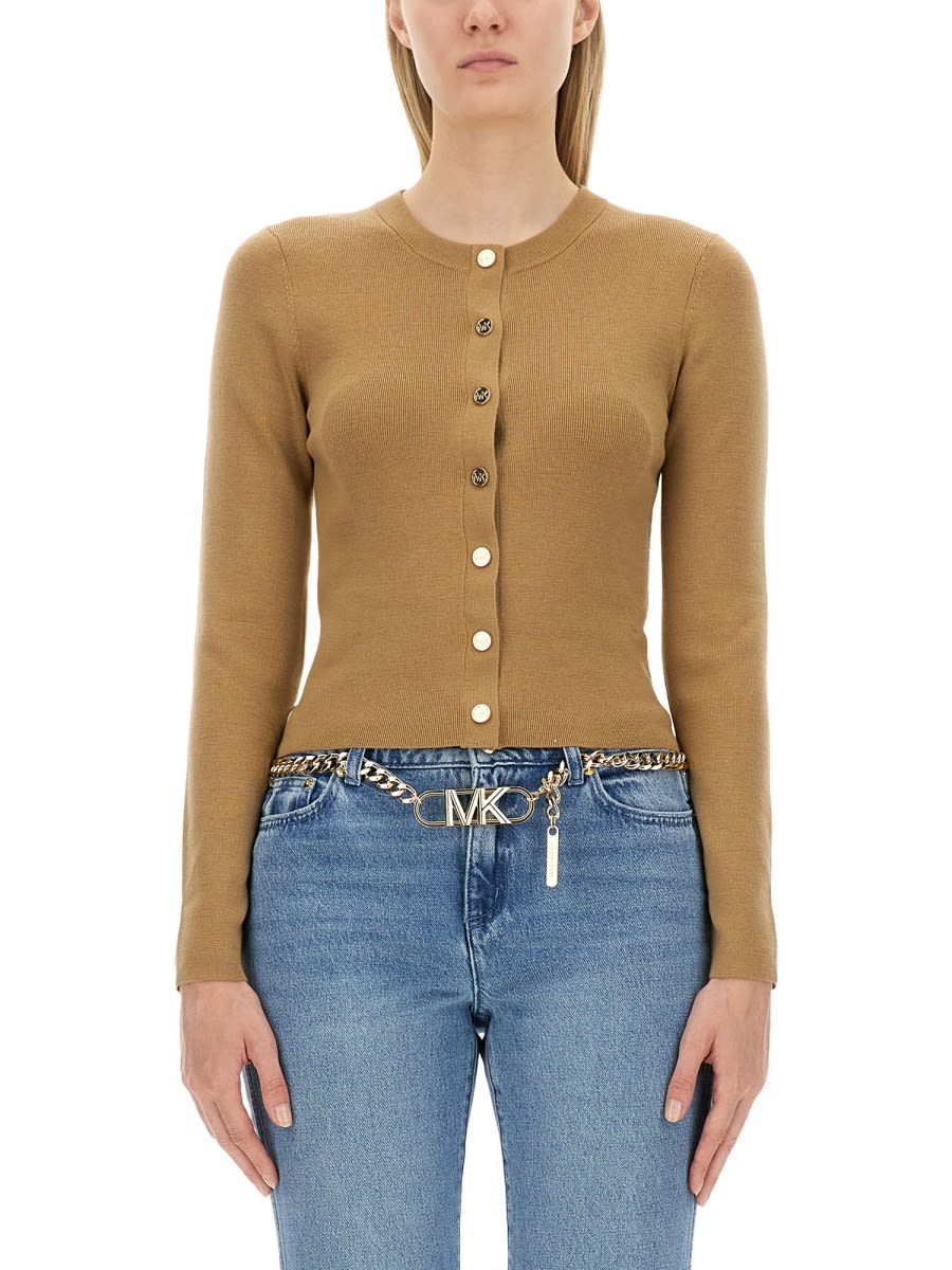 Shop Michael Kors Wool Cardigan In Dark Camel