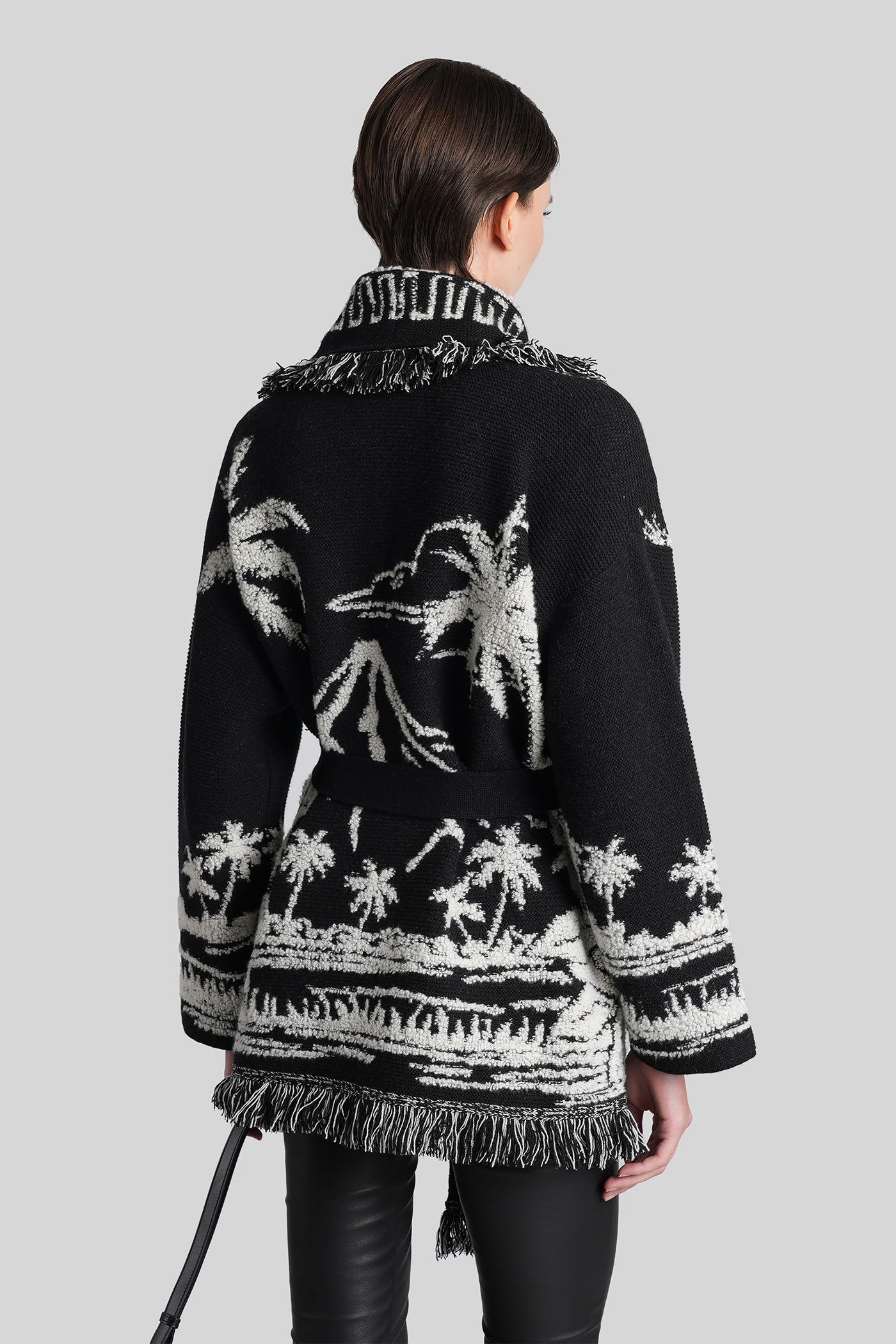 Alanui Black Cardigan With Tropical Pattern And Fringes In Black