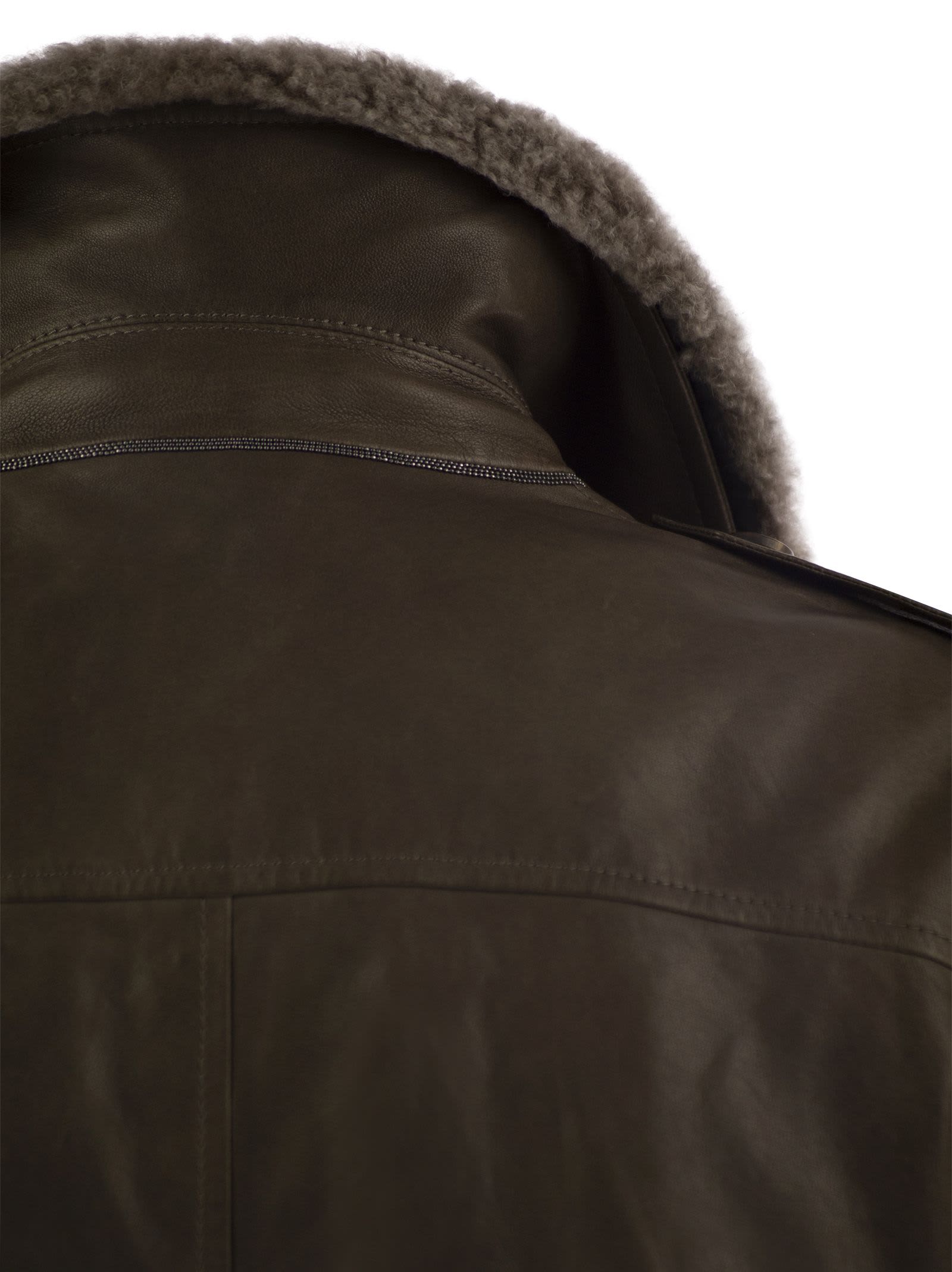 Shop Brunello Cucinelli Leather Bomber Jacket And Shearling Collar In Brown