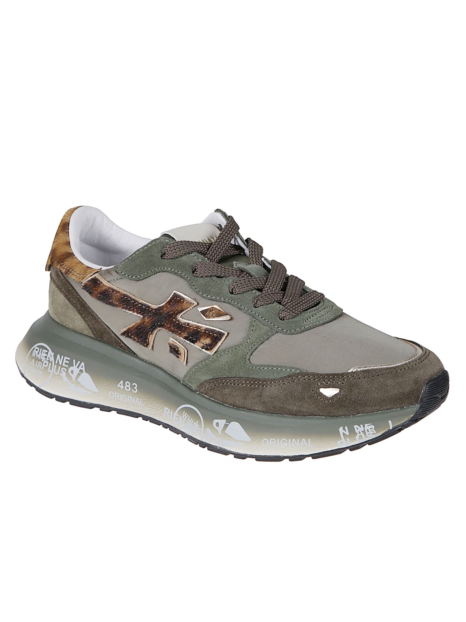 Premiata Green Technical Fabric And Suede Sneakers With Leopard-print Details In Multi