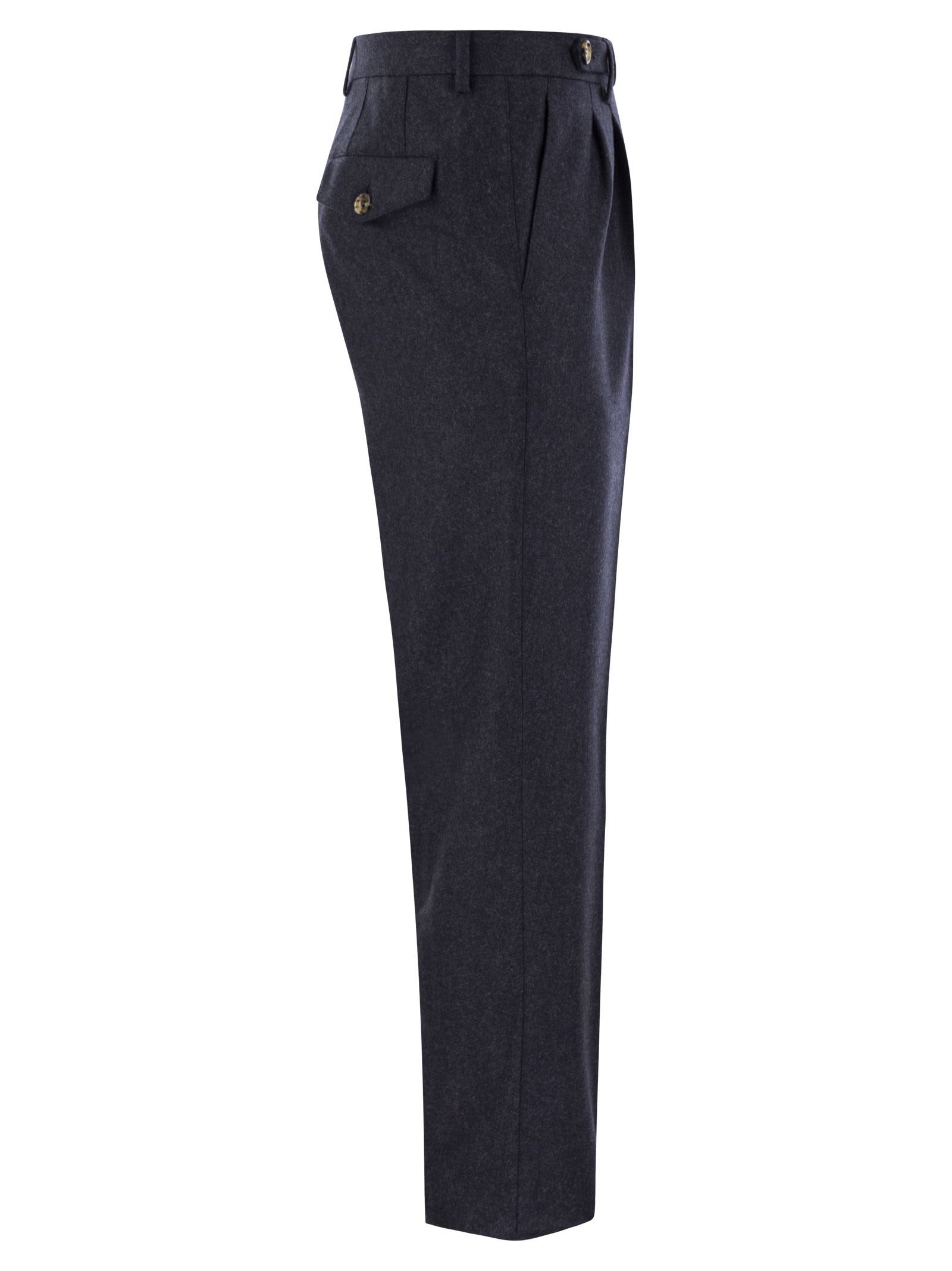 Shop Brunello Cucinelli Leisure Fit Trousers In Virgin Wool Flannel With Double Darts In Night Blue