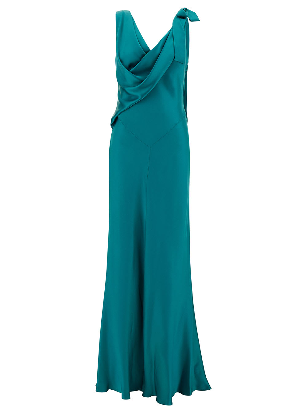 Blue Long Draped Dress With V Neckline In Satin Woman