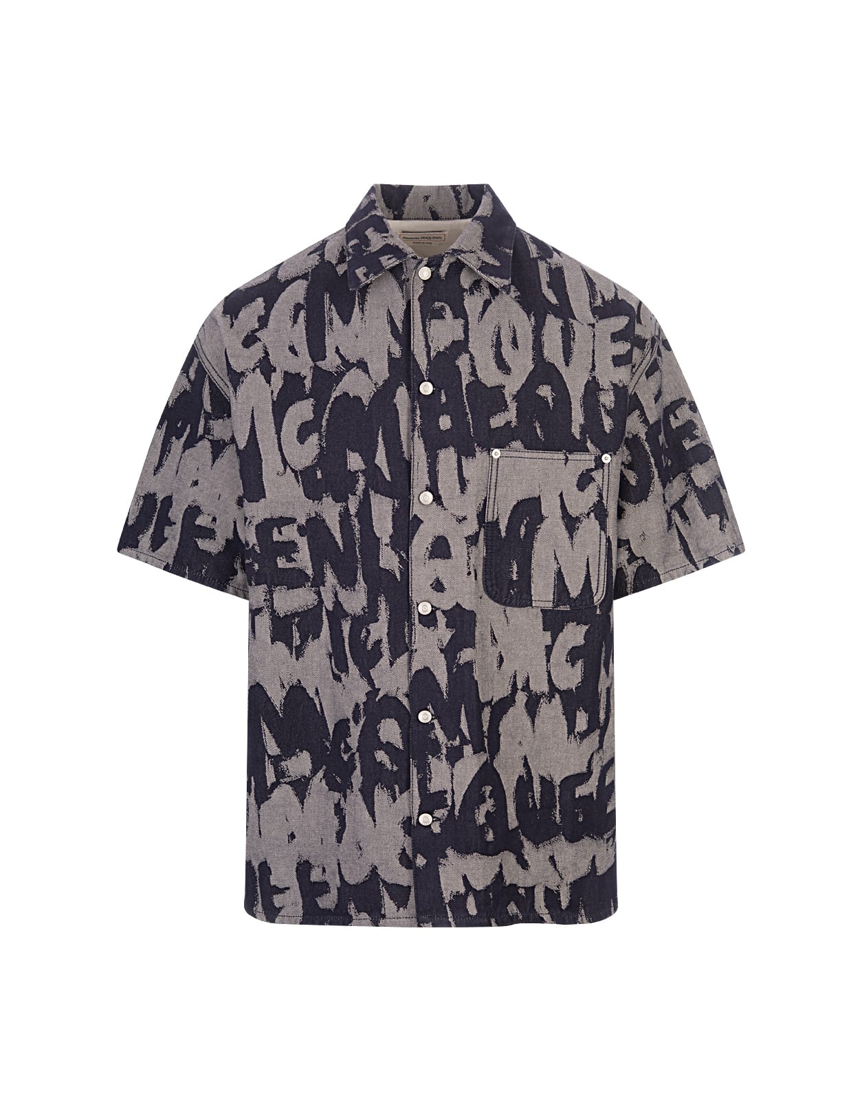 Shop Alexander Mcqueen Mcqueen Graffiti Denim Hawaiian Shirt In Indigo In Blue