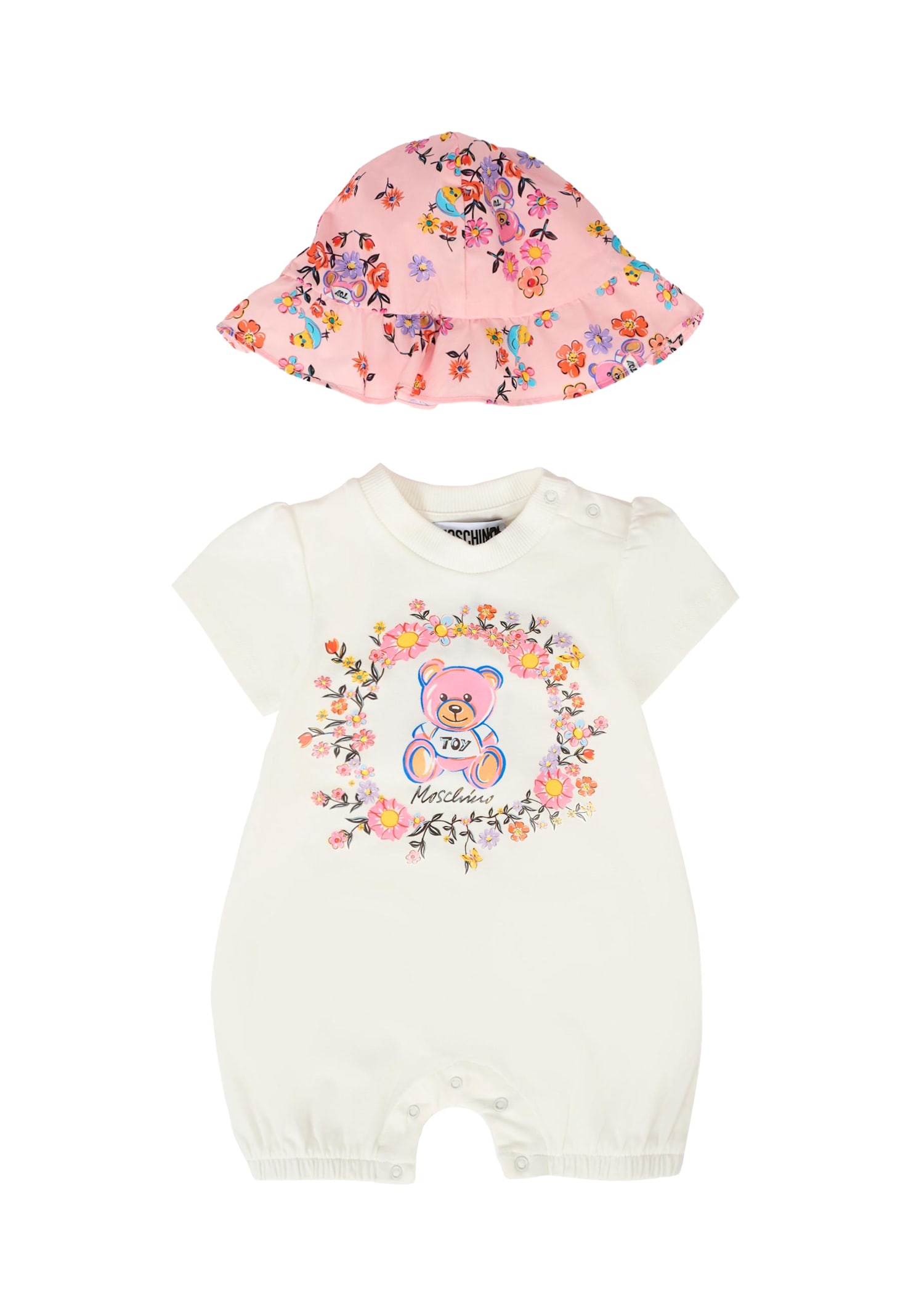 Moschino Ivory Romper For Baby Boy With Teddy Bear In White