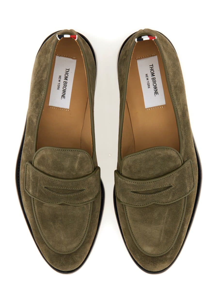 Thom Browne Suede Loafers With Rounded Toe And Tricolor Detail In Green