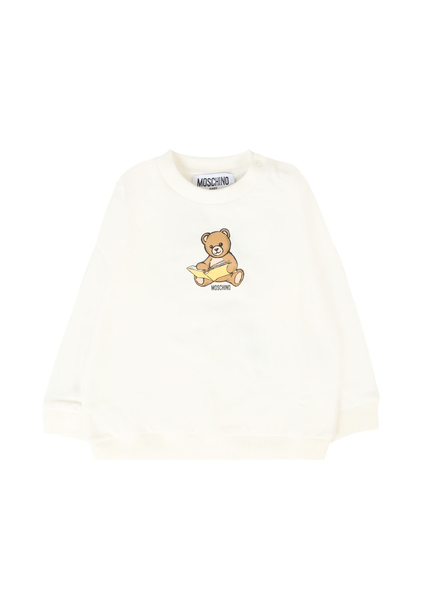 Moschino Ivory Sweatshirt For Babykids With Teddy Bear And Logo In White