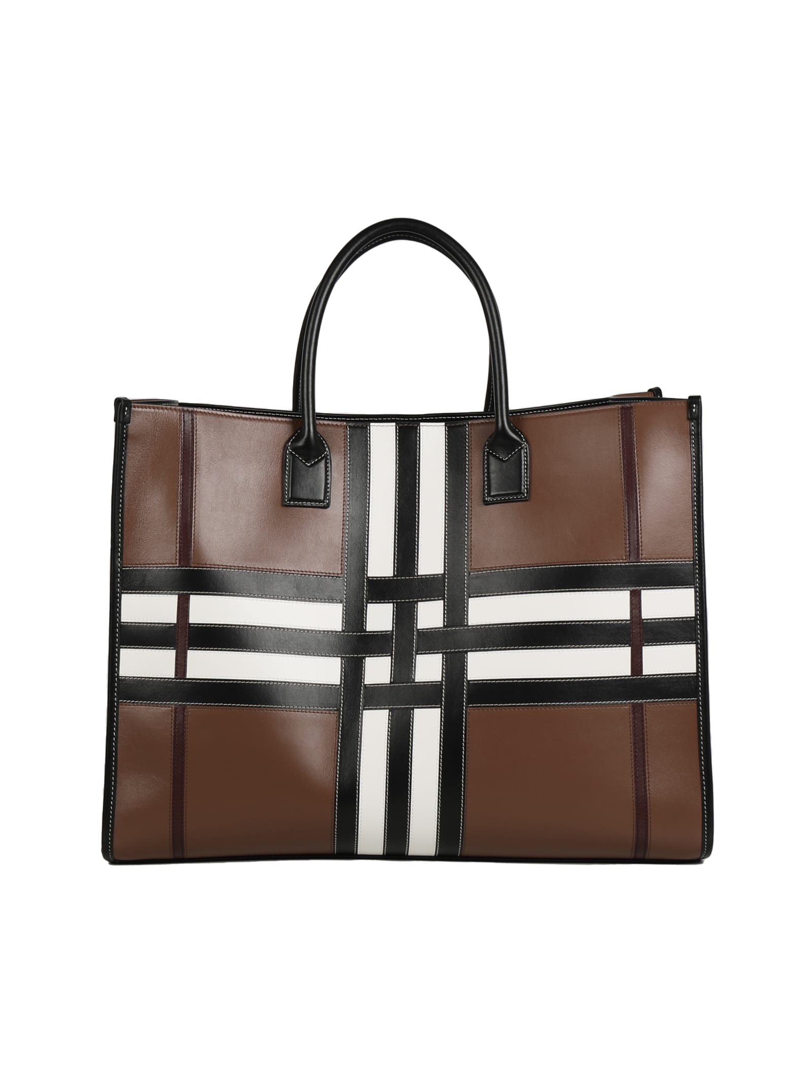 BURBERRY LEATHER AND FABRIC TOTE WITH TARTAN PATTERN