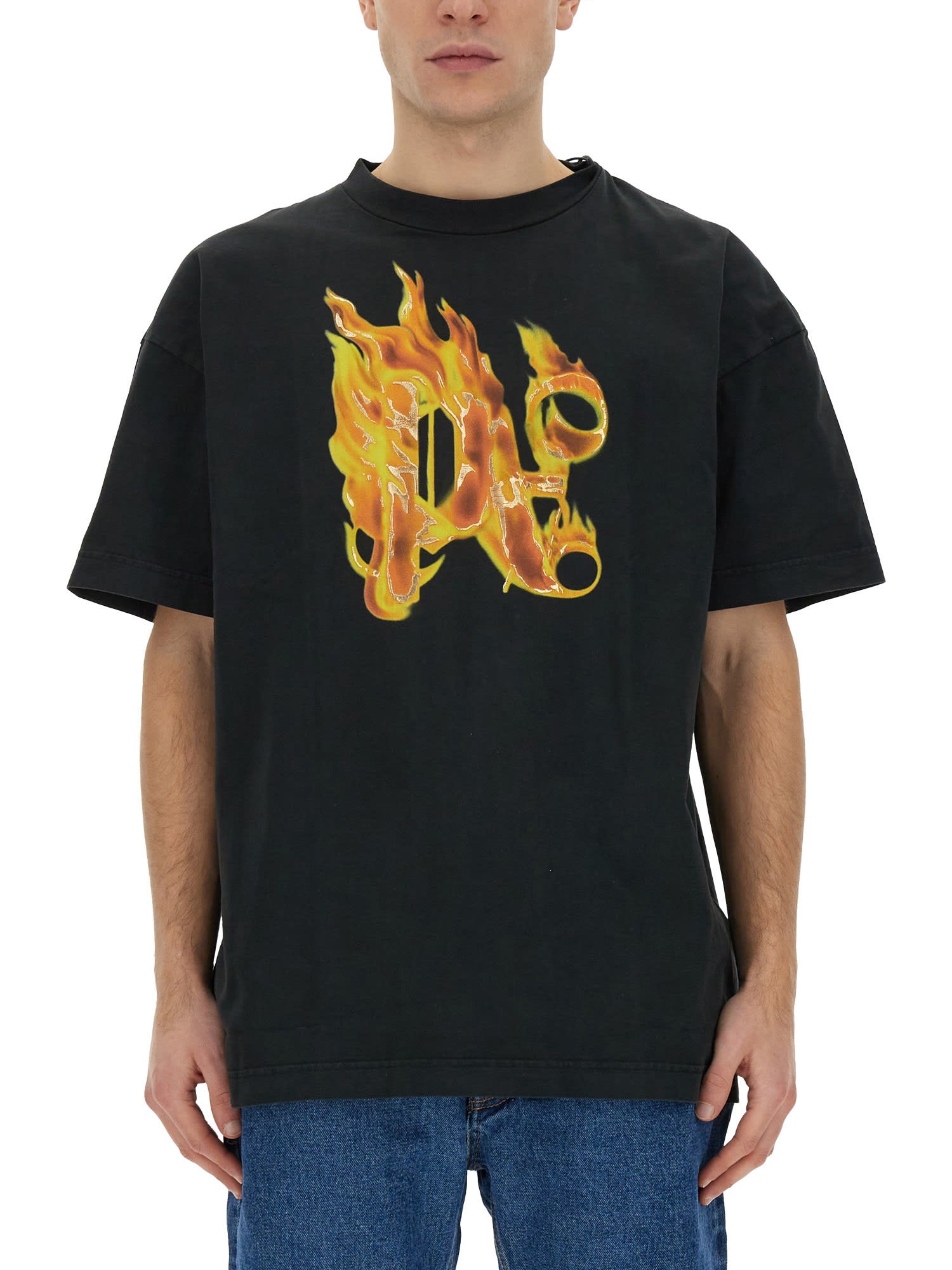 Shop Palm Angels T-shirt With Burning Monogram Print In Black/gold