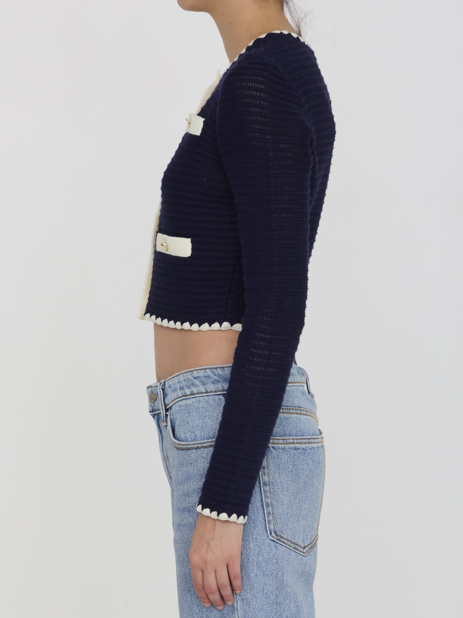 Shop Self-portrait Crochet Cardigan In Blue