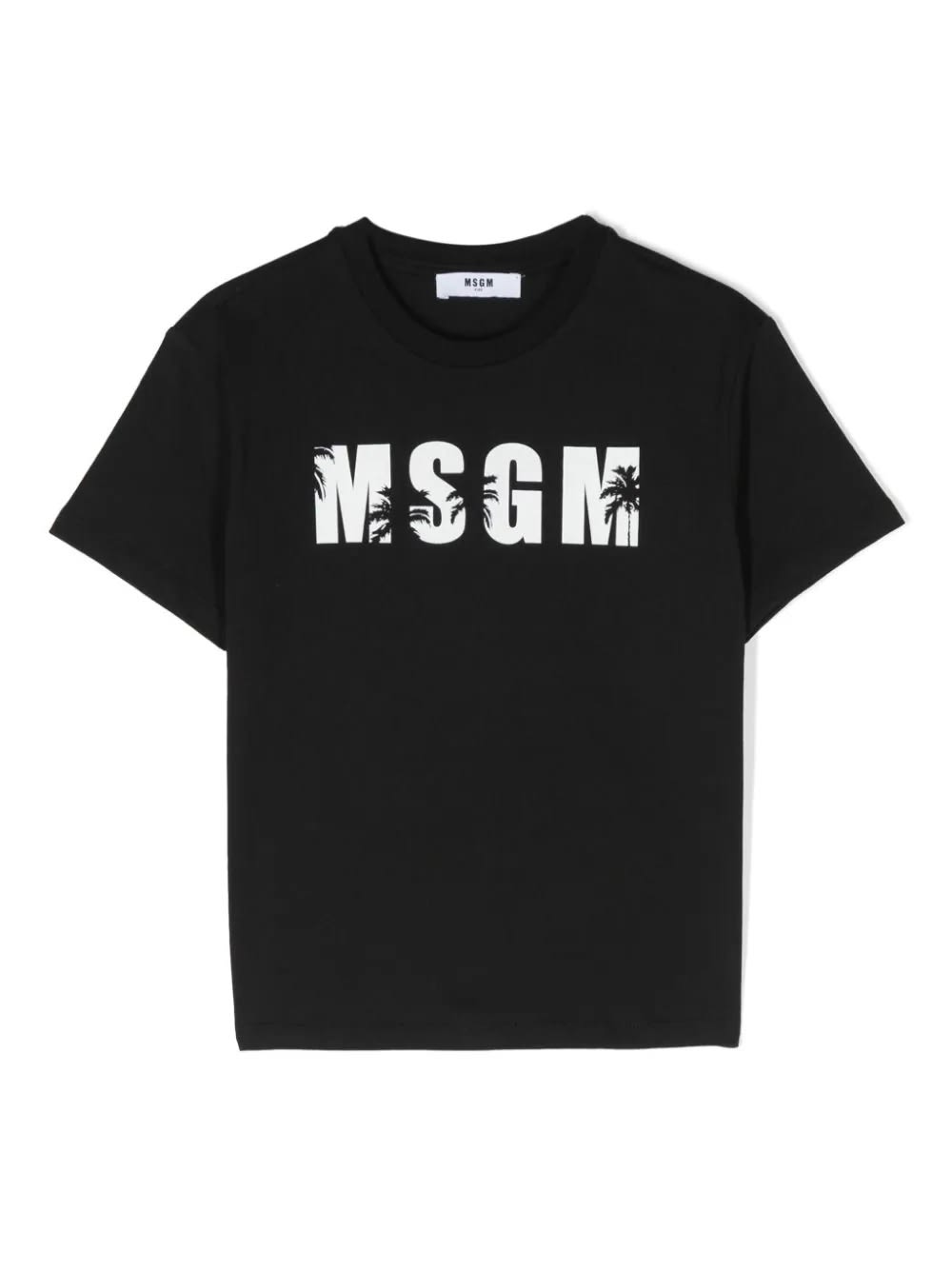 MSGM BLACK T-SHIRT WITH LOGO AND PALM TREES