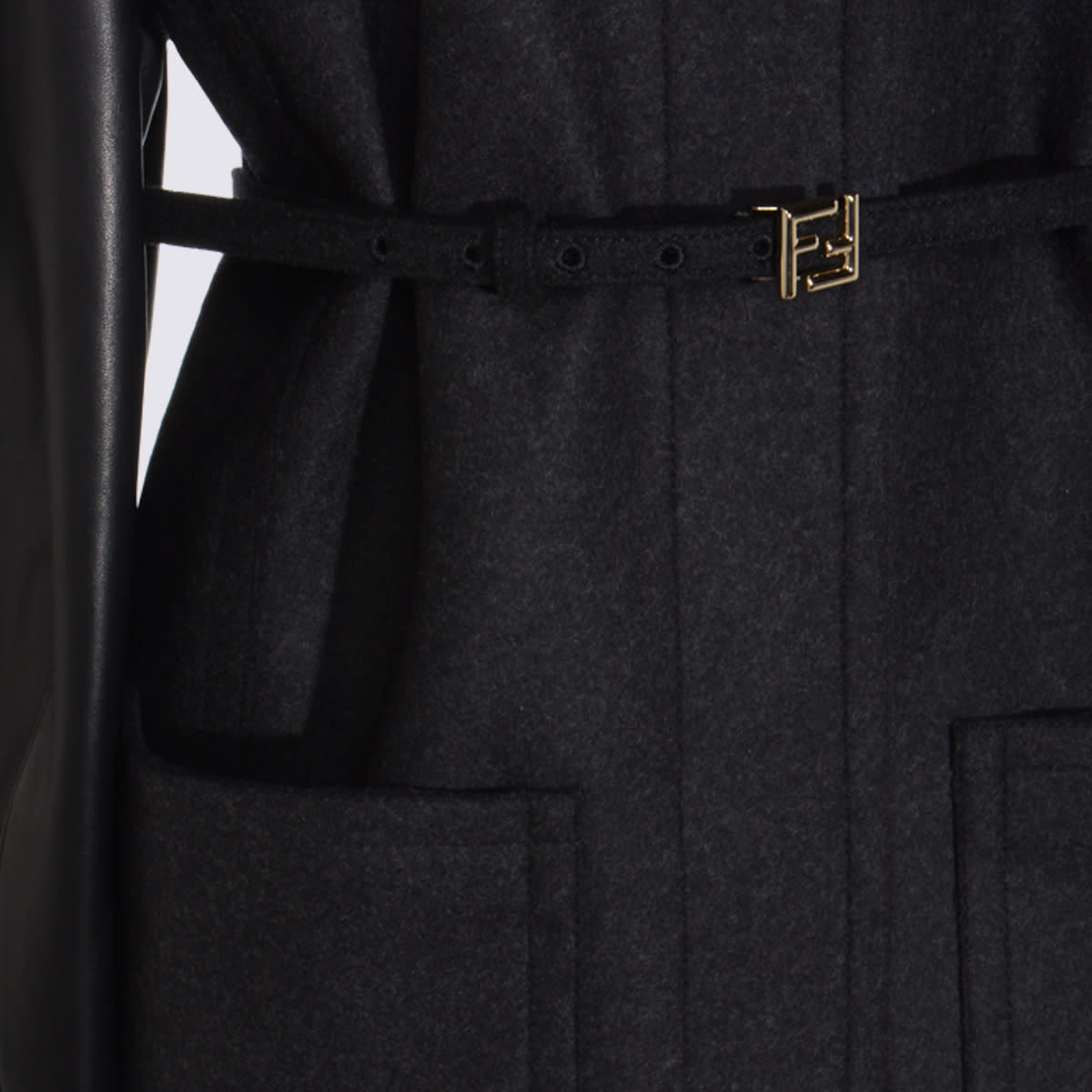 Fendi Women Virgin Wool Coat With Leather Sleeves In Black