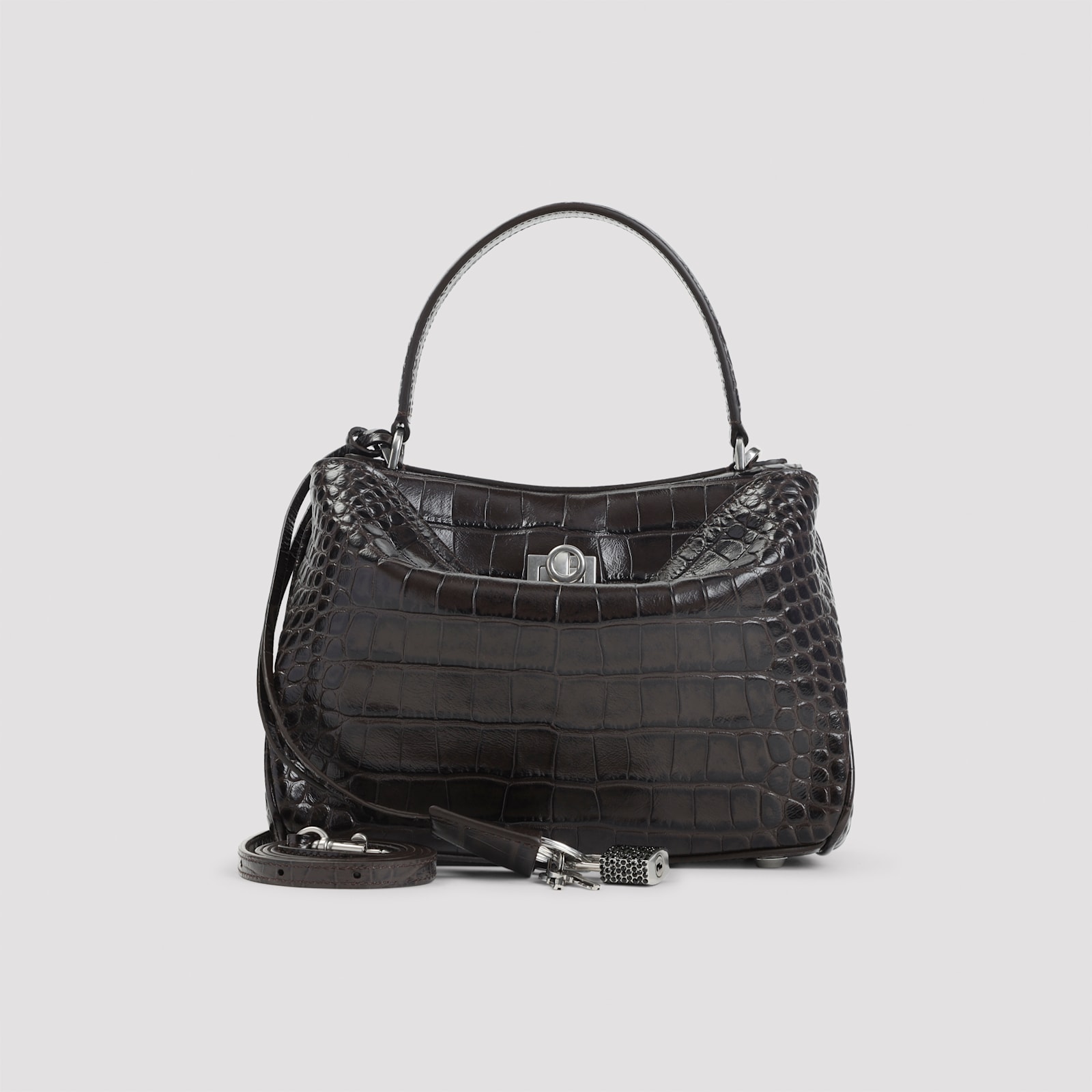 Balenciaga Crocodile Texture Top Handle Shoulder Bag In Brown