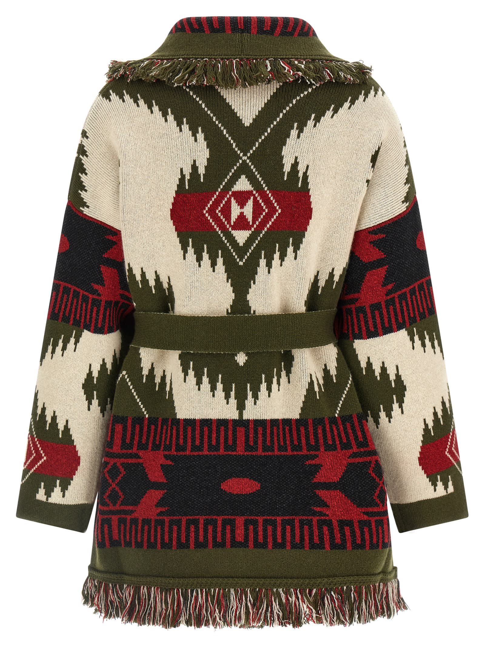 Alanui Waist Belt Fringe Geometric Pattern Long Sleeves Cardigan In Brown