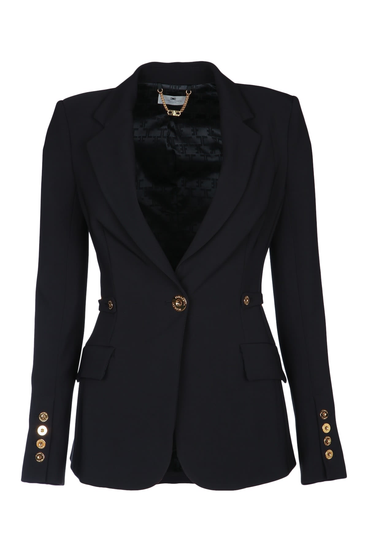 Elisabetta Franchi Single-breasted Tailored Blazer With Gold-tone Accents In Black