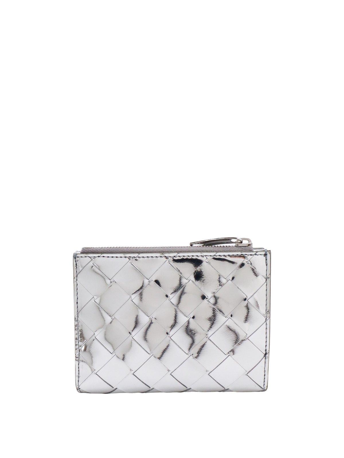 Shop Bottega Veneta Metallic Woven Zip-up Wallet In Silver-silver