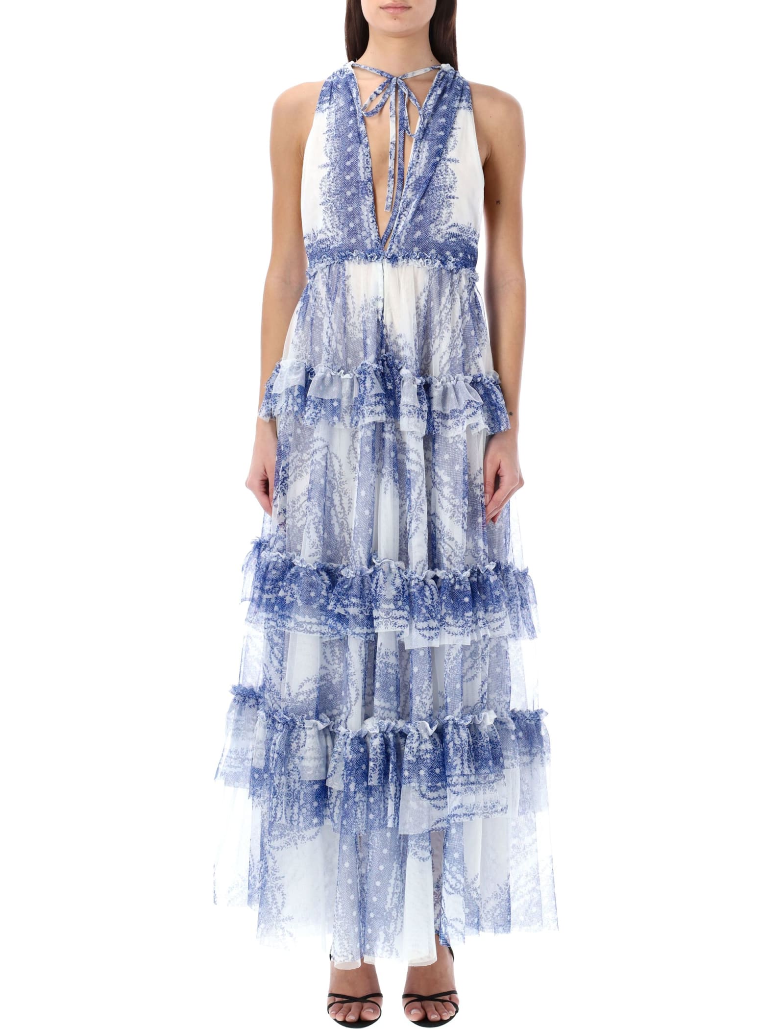Shop Philosophy Di Lorenzo Serafini Printed Tulle Flounced Dress In White Blue Print