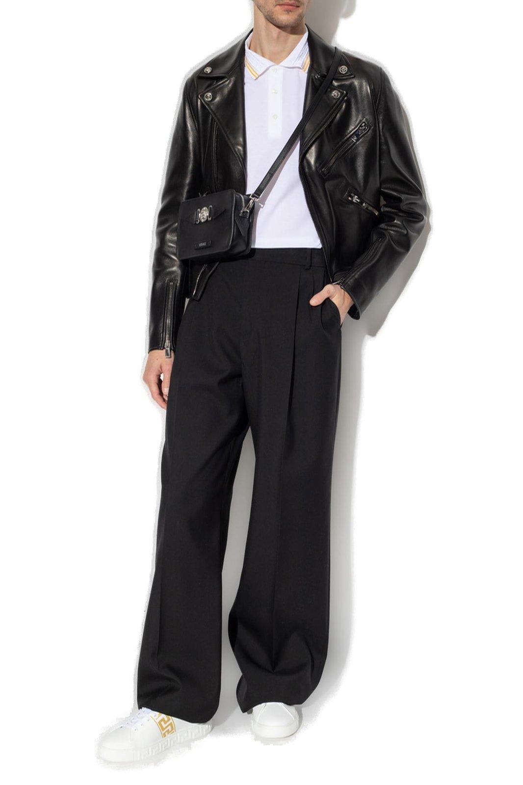 Versace Leather Zip-up Biker Jacket In Black | ModeSens