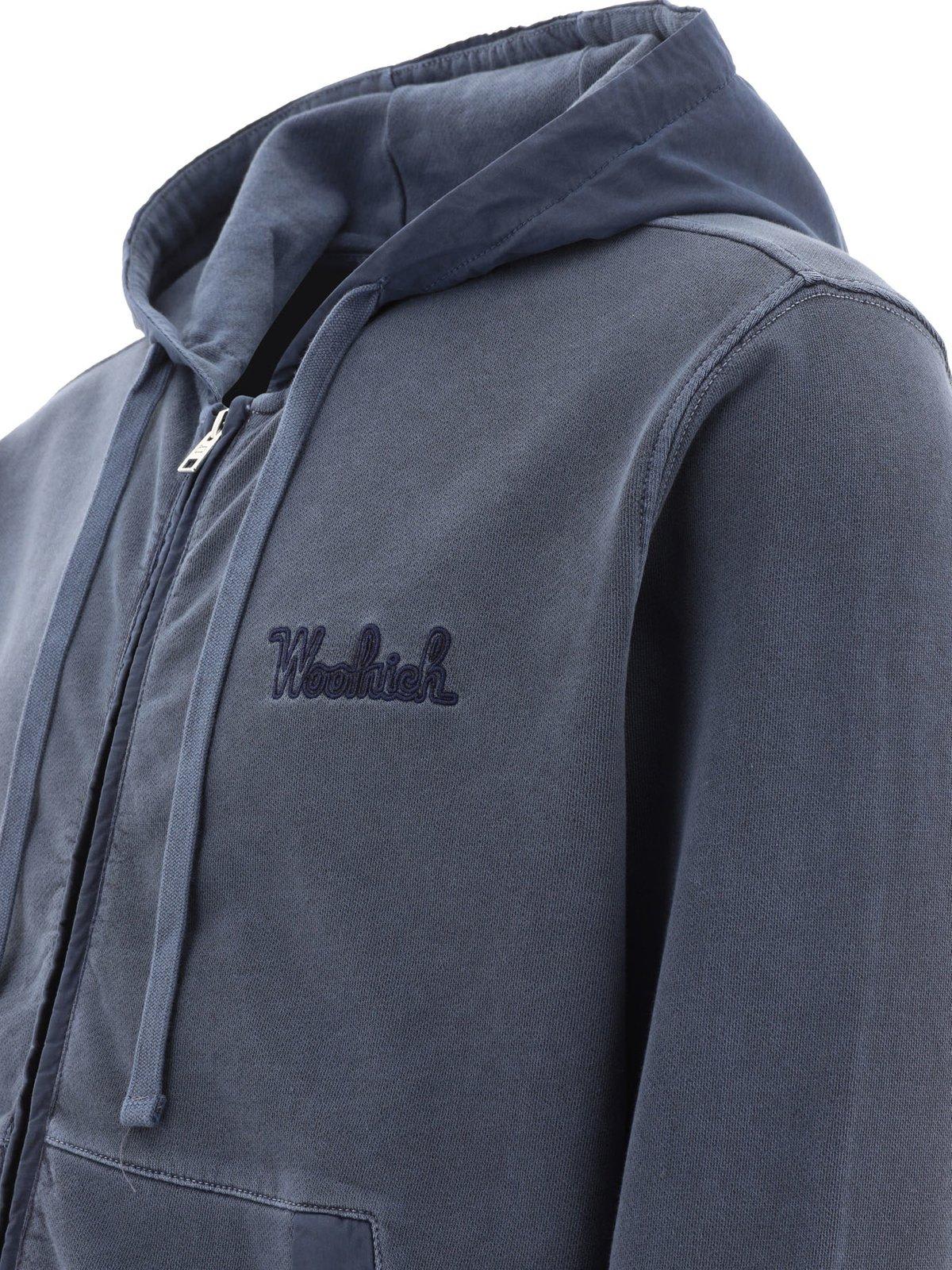 Shop Woolrich Logo Embroidered Zipped Drawstring Hoodie In Melton Blue