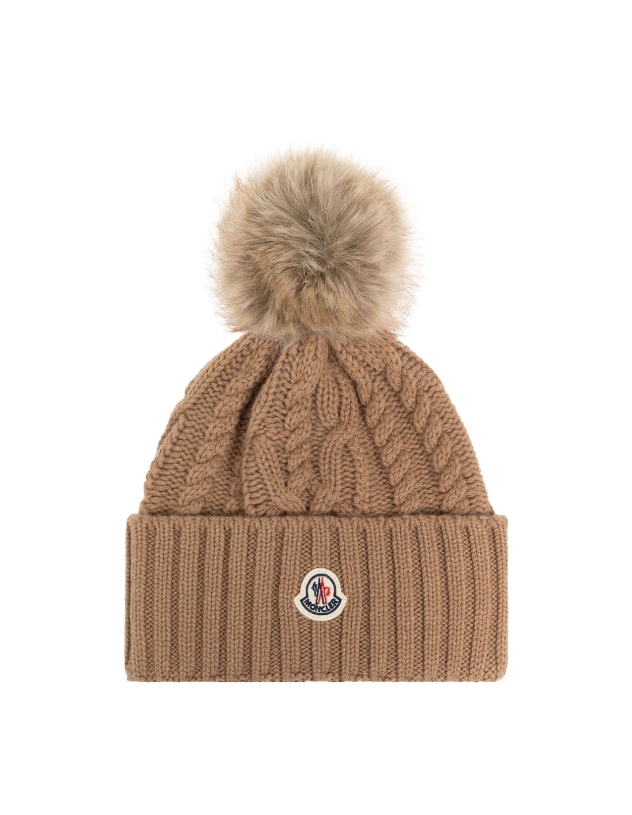 MONCLER BEIGE WOOL AND CASHMERE BEANIE WITH POMPON 