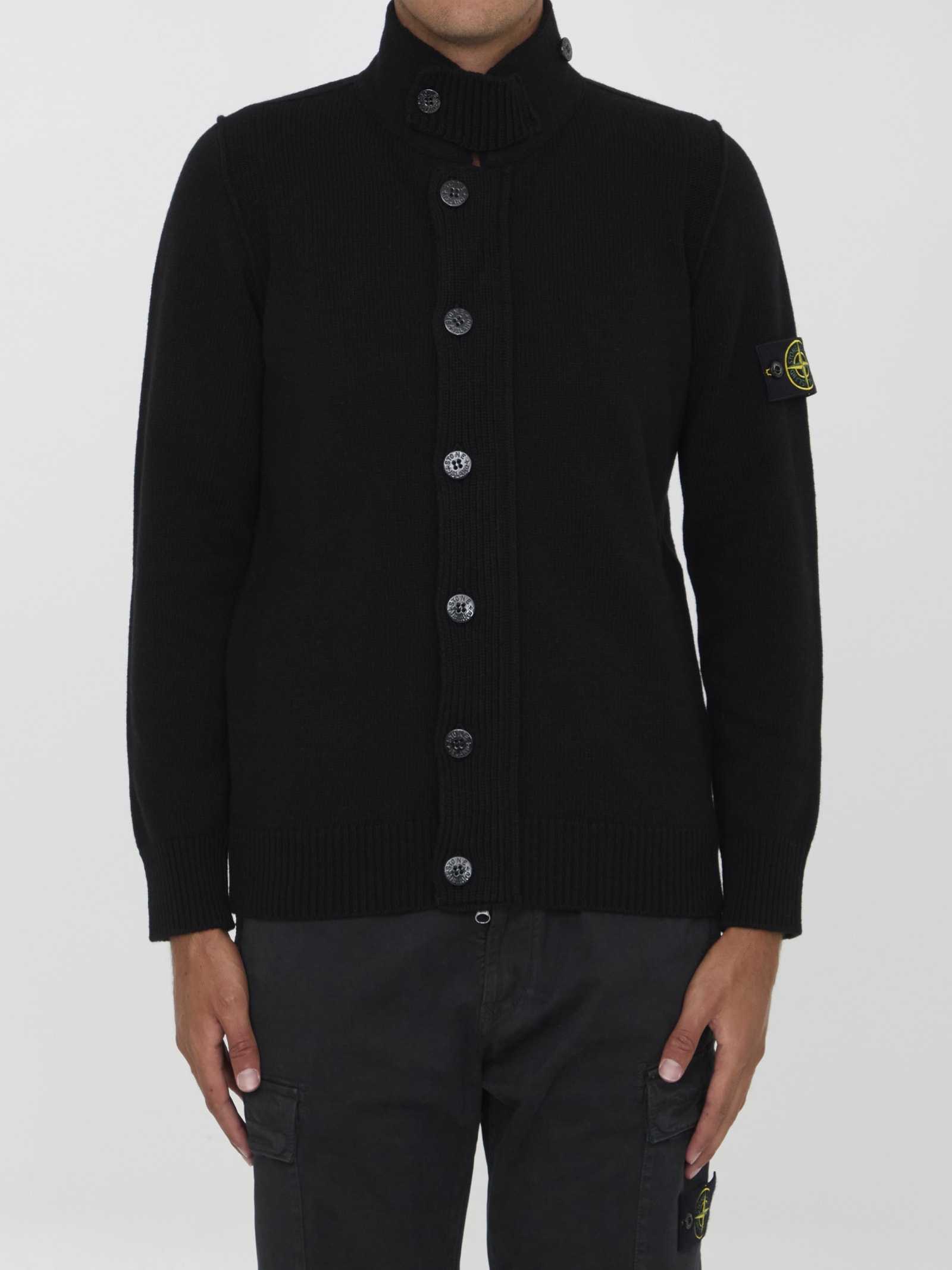 Shop Stone Island Cardigan In Wool Blend In Nero