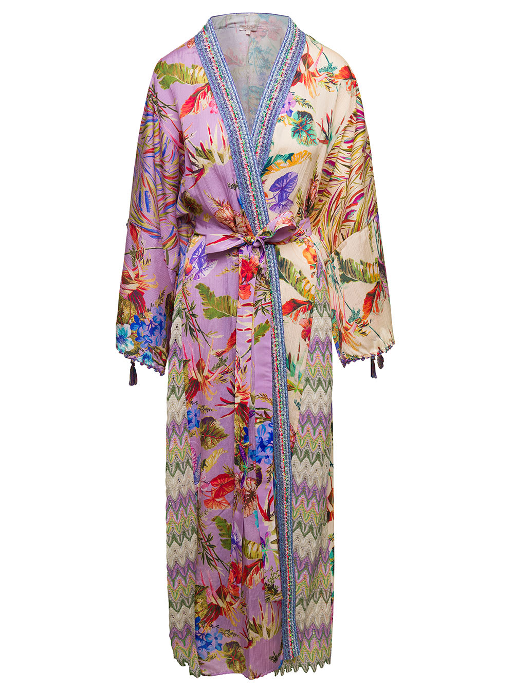 ANJUNA LONG MULTICOLOR BELTED KIMONO DRESS WITH PRINT PATCHWORK IN SILK AND VISCOSE WOMAN