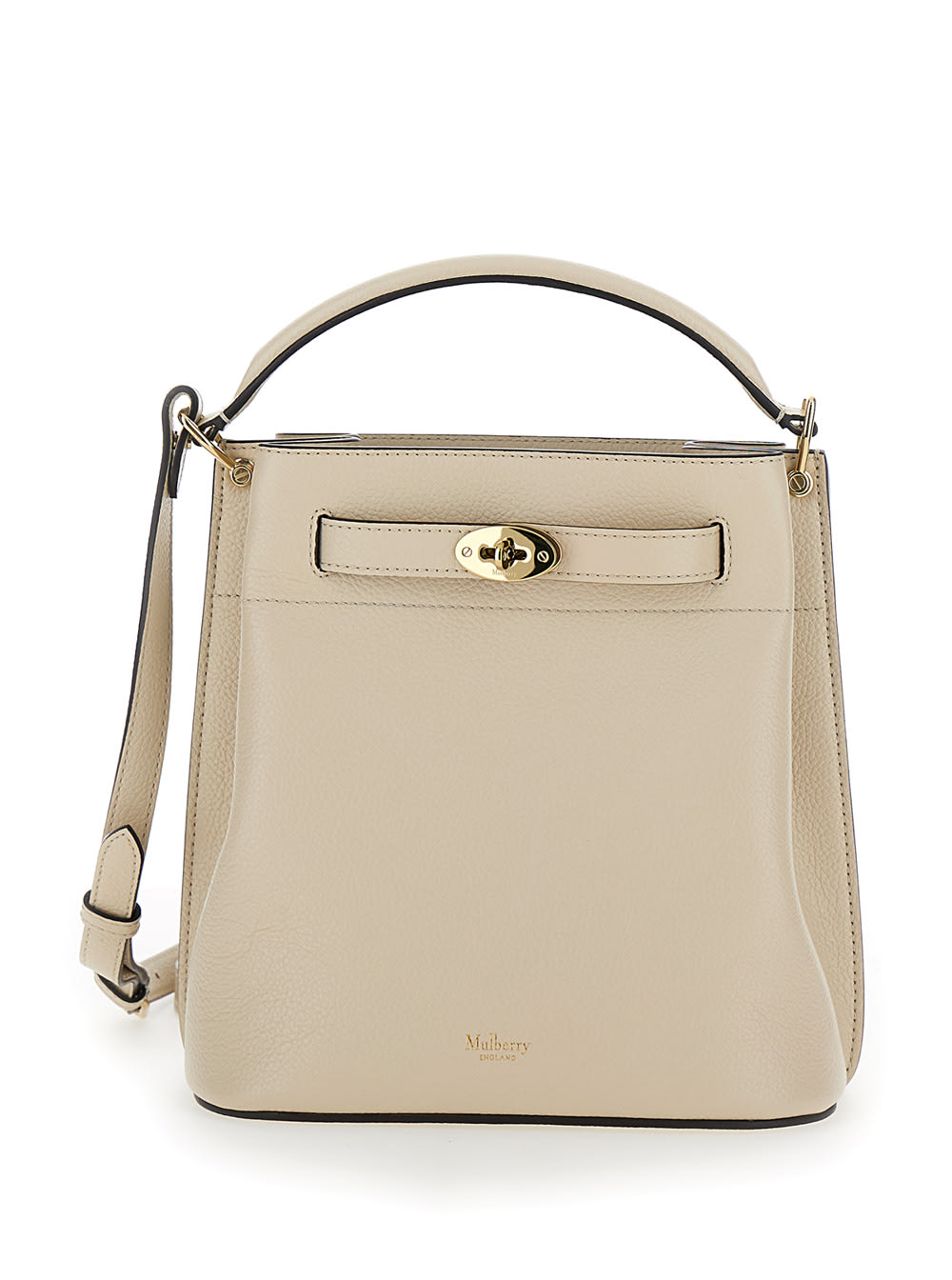 Shop Mulberry Small Islington White Bucket Bag With Twist Lock Closure In Hammered Leather Woman