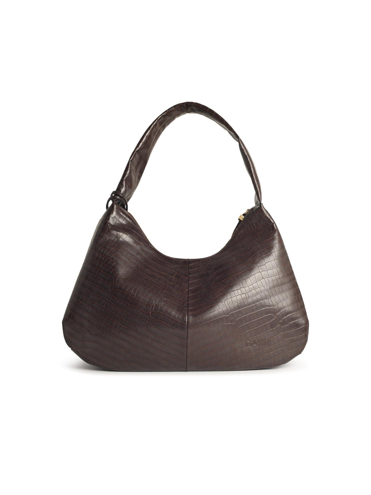 Ganni Crocodile-embossed Shoulder Bag In Brown