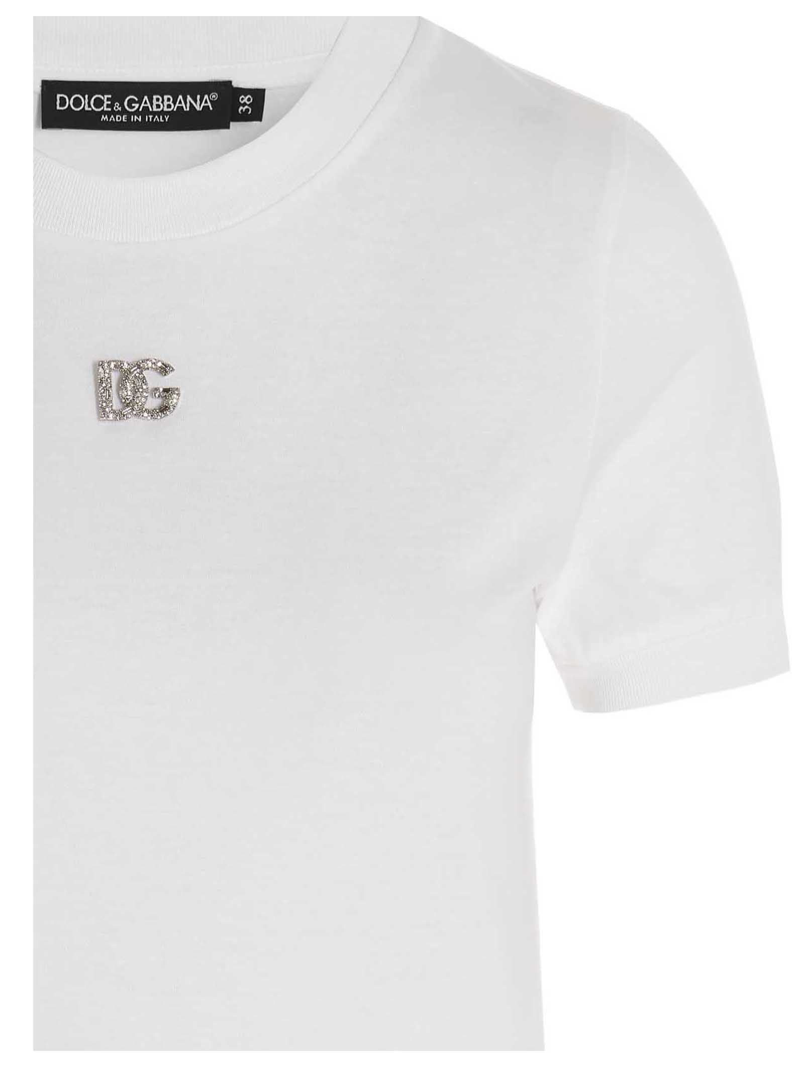 Dolce & Gabbana White T-shirt With Dg Logo On The Front Finished With Rhinestones In Cotton Woman In White