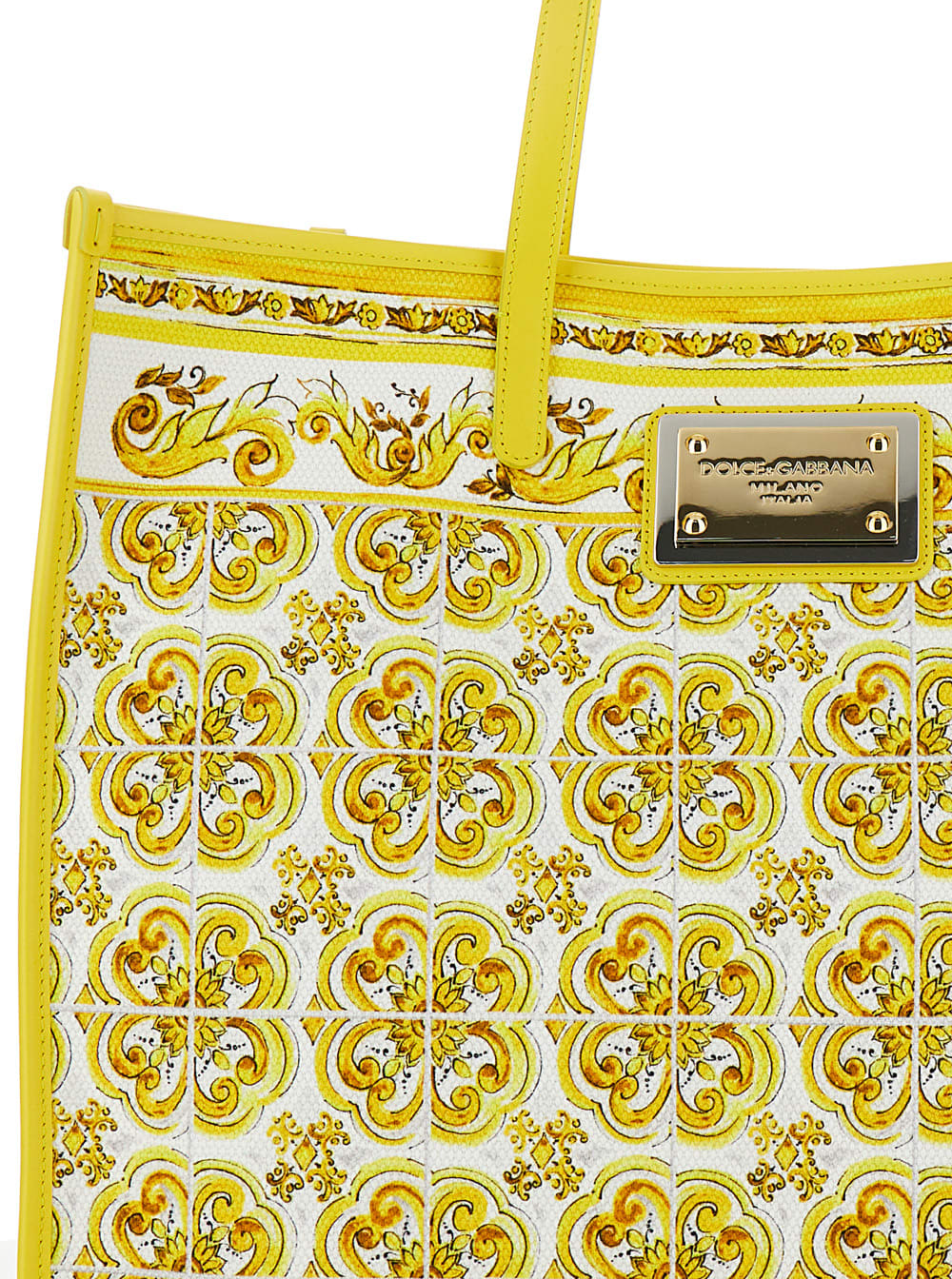 Shop Dolce & Gabbana Yellow And White Tote Bag With Majolica Print And Logo Plaque In Cotton Woman