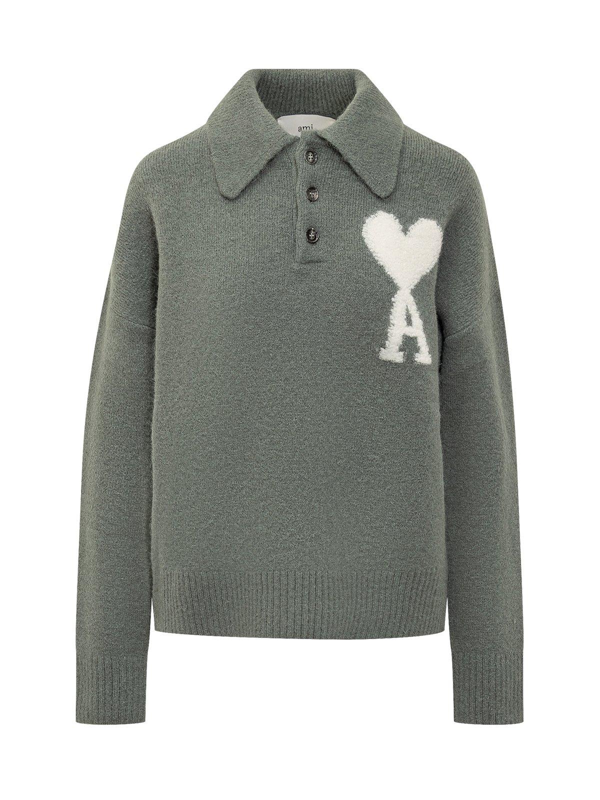 Shop Ami Alexandre Mattiussi Paris Long-sleeved Knitted Polo Shirt In Green