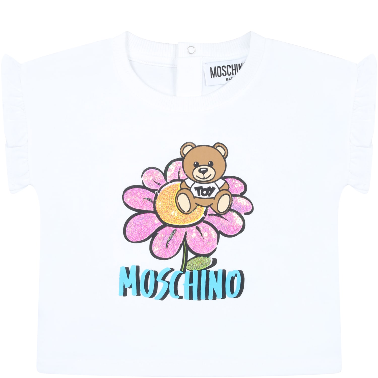 Moschino White T-shirt For Baby Girl With Teddy Bear And Flowers