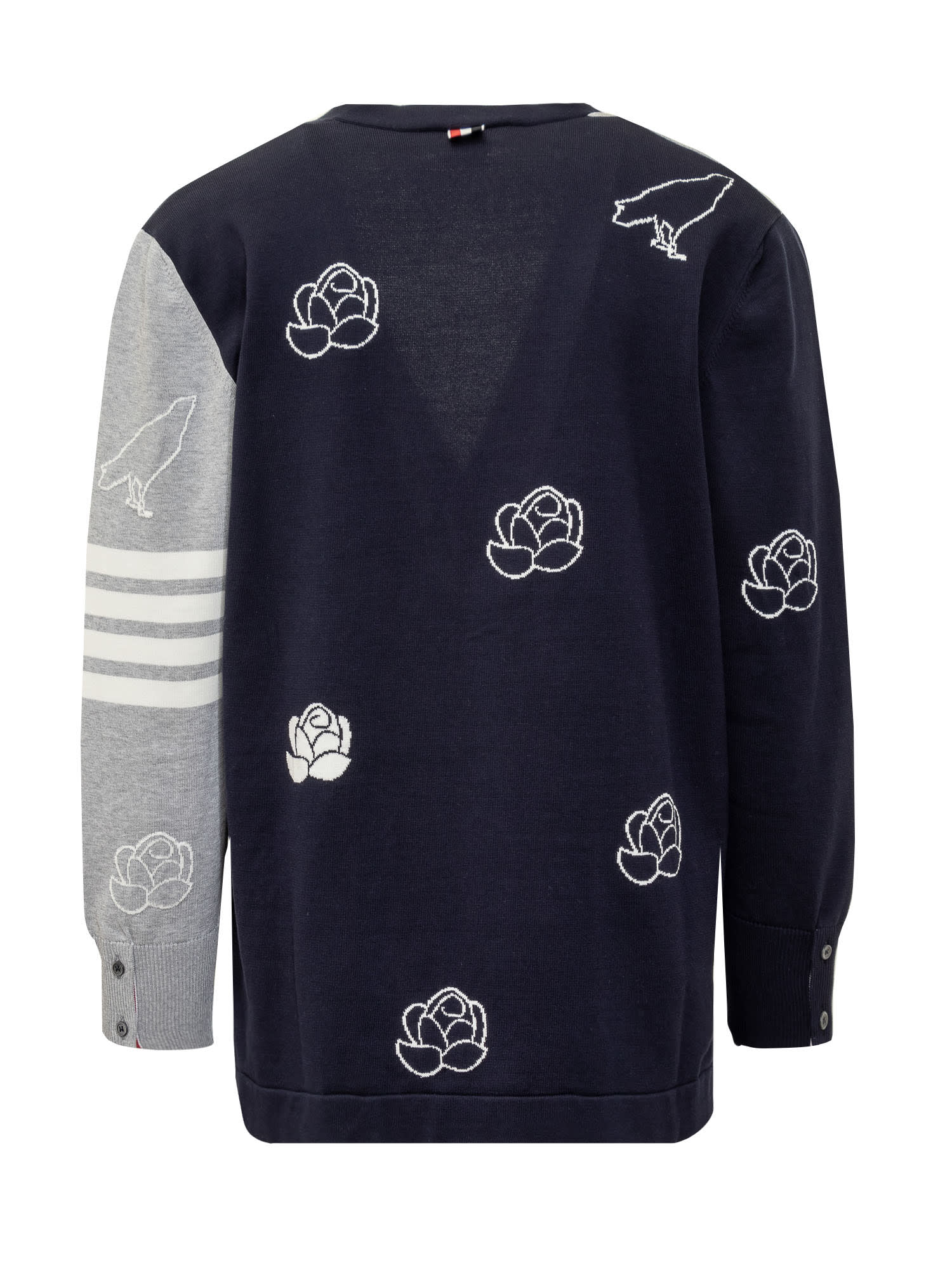 Shop Thom Browne Cotton Birds And Flowers Cardigan In Navy/grey