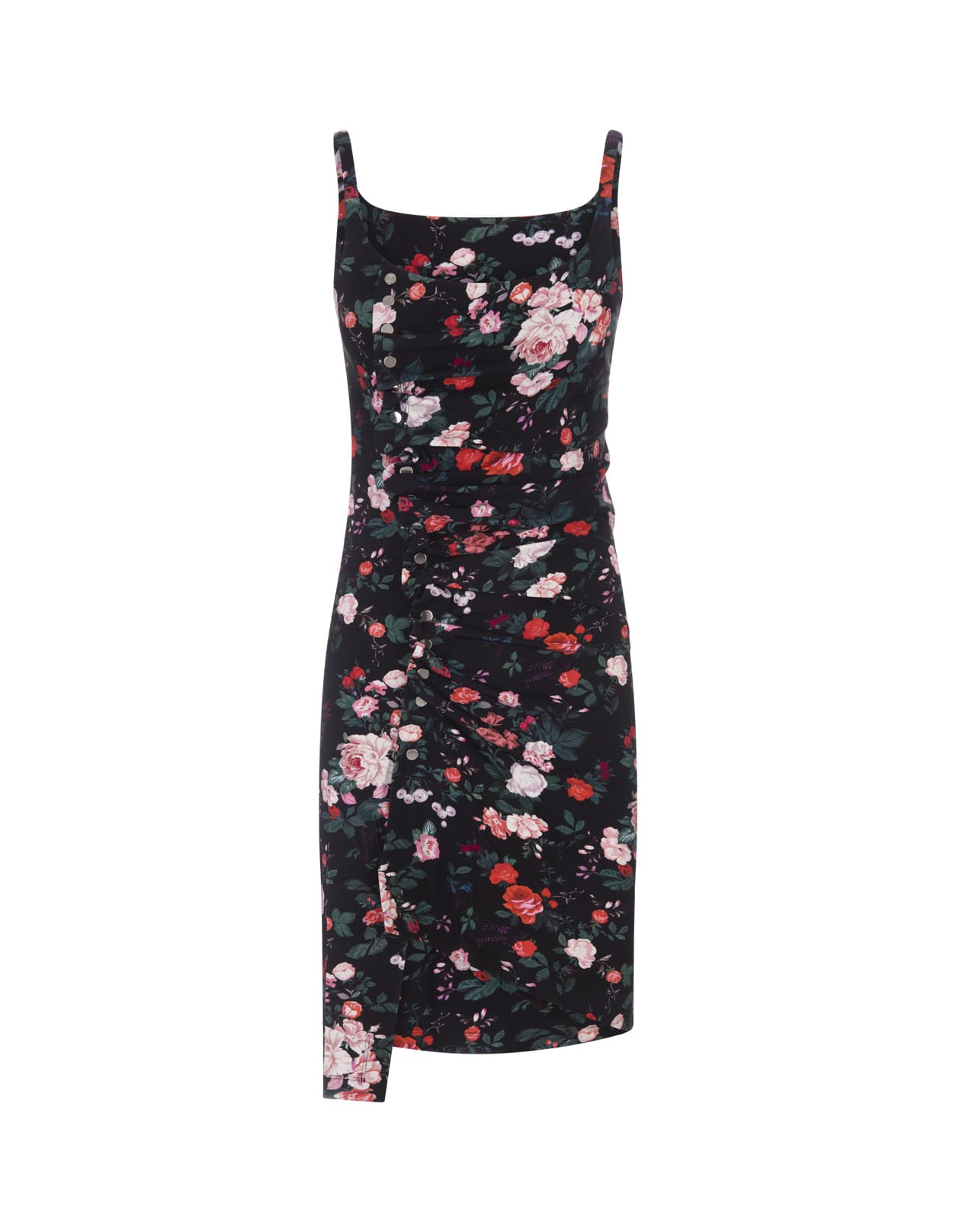RABANNE BLACK FLORAL MINI DRESS WITH DRAPING