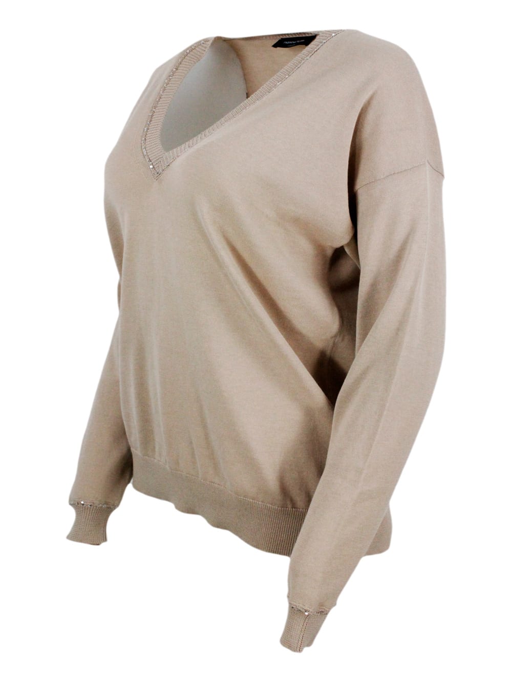 Shop Fabiana Filippi Long-sleeved V-neck Sweater In Fine Cotton Embellished With Brilliant Applied Microsequins In Camel