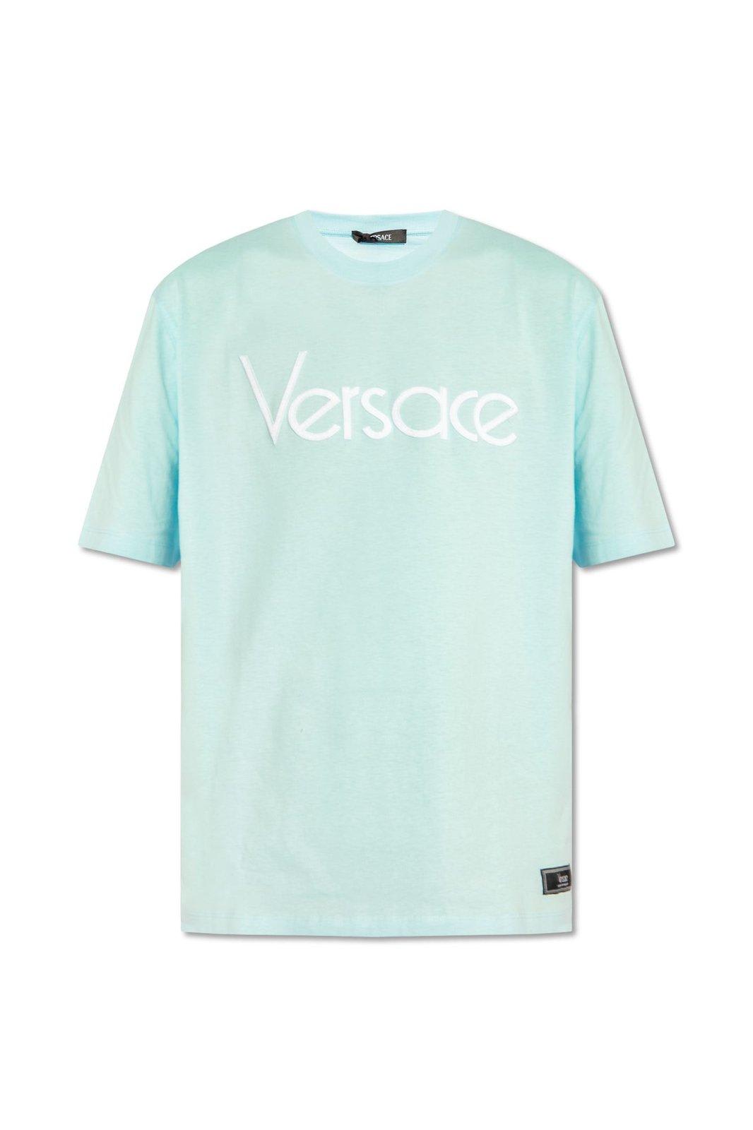 Shop Versace Logo-embroidered Crewneck T-shirt In Pale Blue