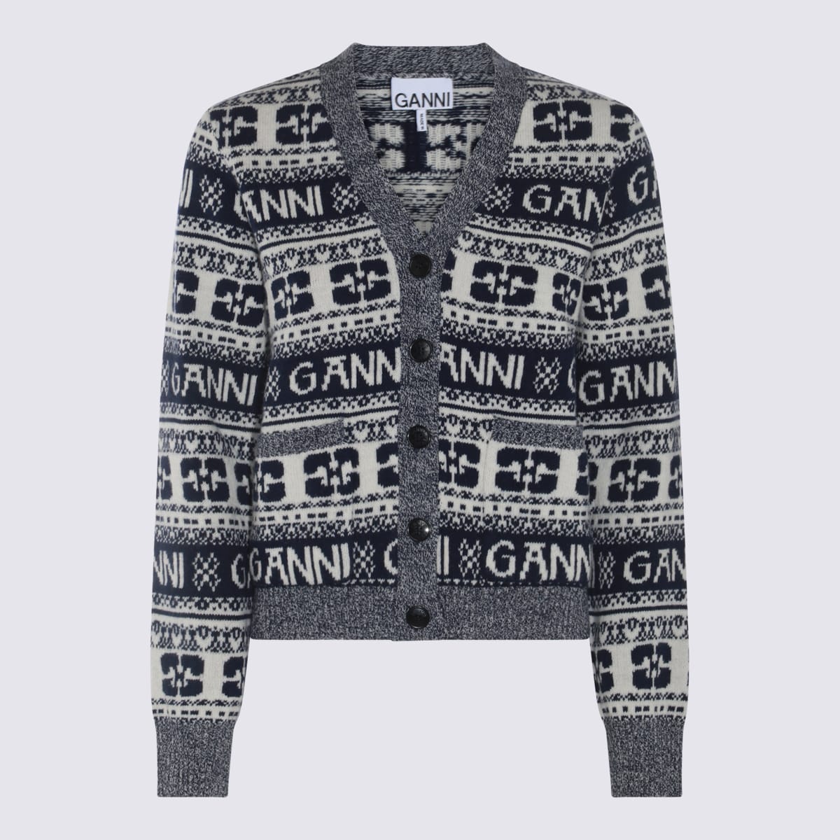Navy Blue And White Wool Blend Cardigan