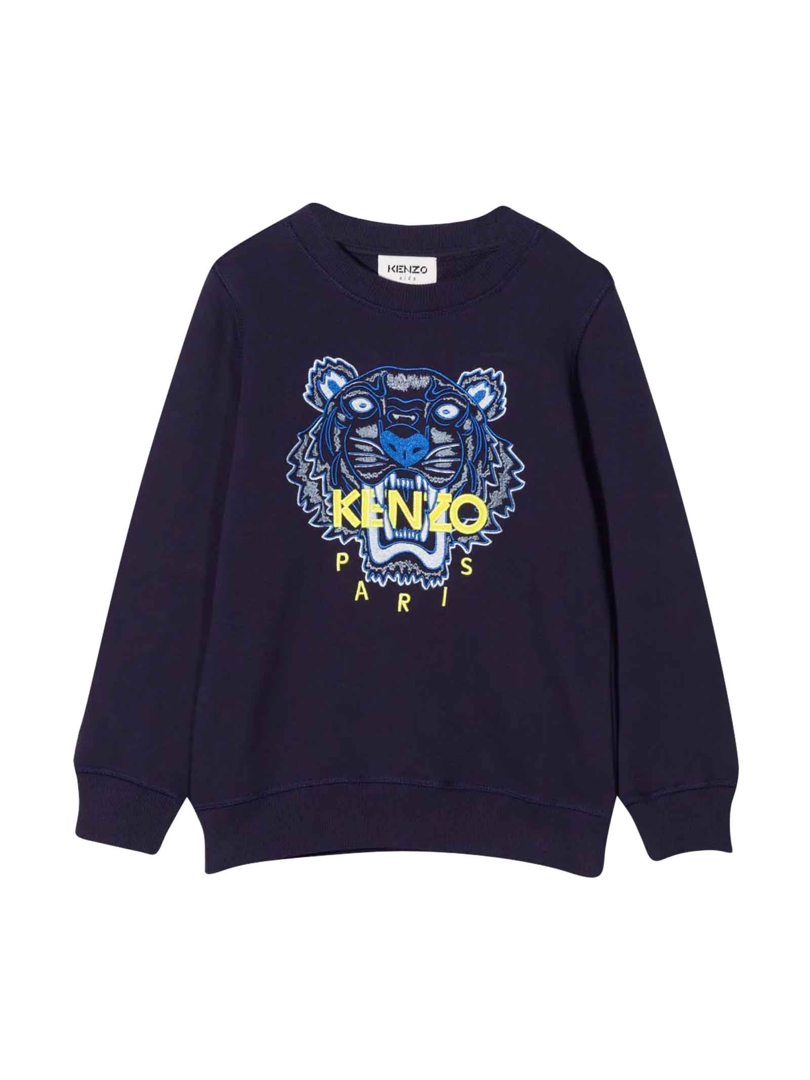 Kenzo Kids Blue Boy Sweatshirt With Front Embroidered Tiger Motif, Crew Neck, Long Sleeves And Straight Hem By.
