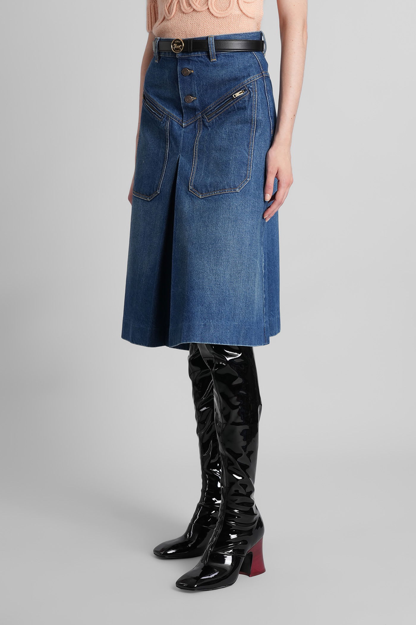 Chloé Button-front Denim Midi Skirt With Patch Pockets In Blue