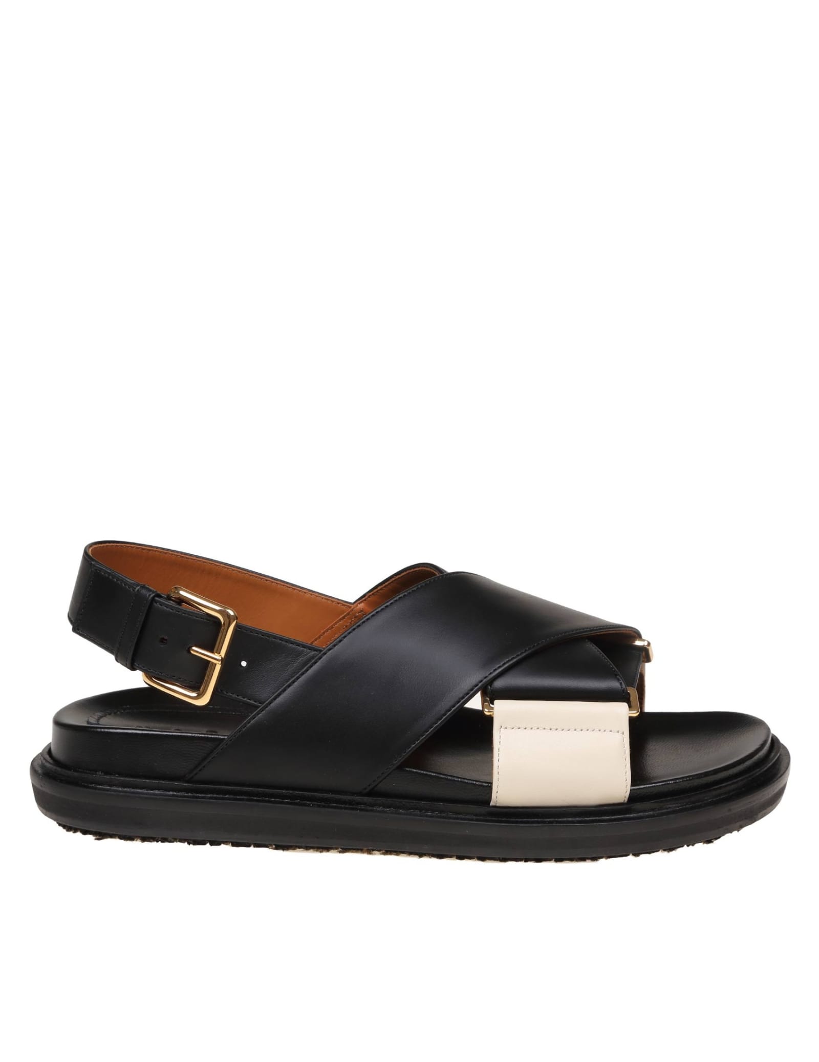 Shop Marni Fussbett Sandal In Black/white Leather In Black /white