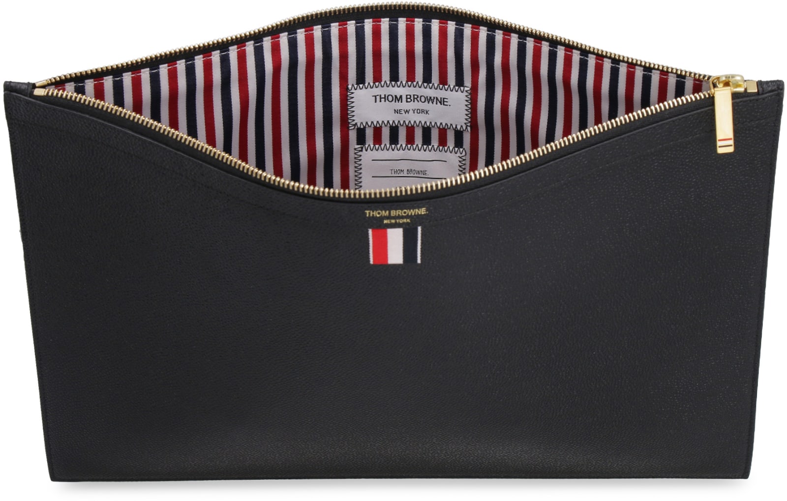 Shop Thom Browne Logo Detail Flat Leather Pouch In Black
