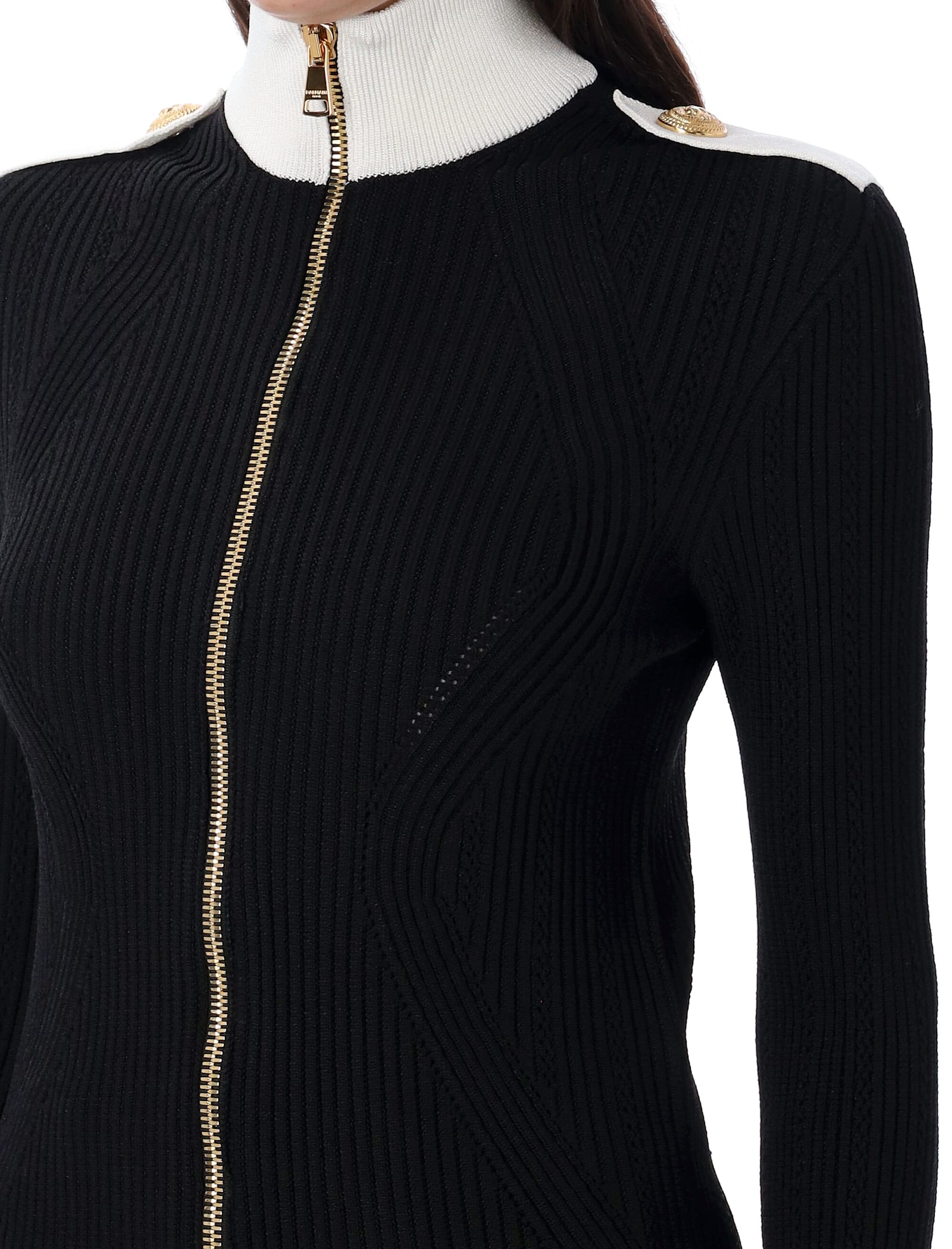 Balmain Zipped Turtleneck Knit Cardigan In Black