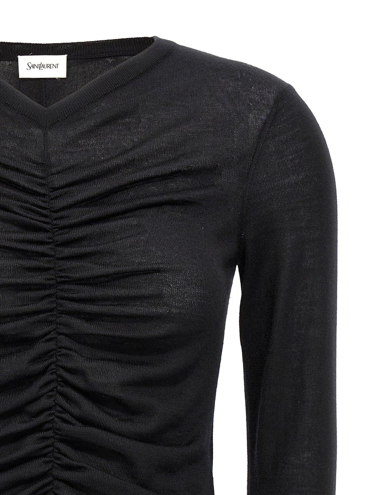 Shop Saint Laurent V-neck Ruched Sweater In Noir