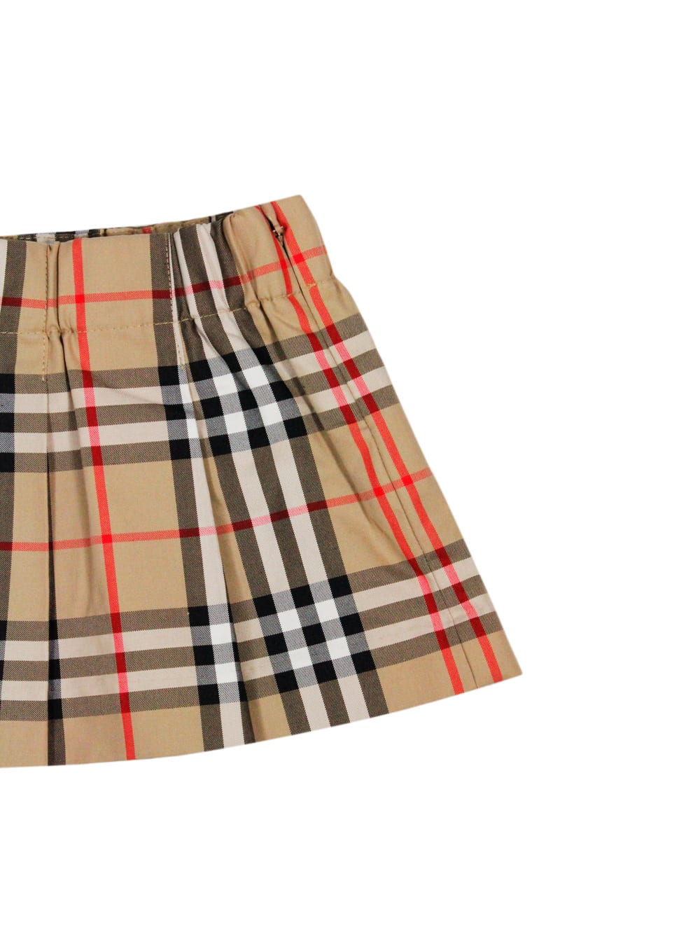 Shop Burberry Pleated Cotton Skirt With Check Pattern With Elastic Waist And Side Zip Closure In Beige