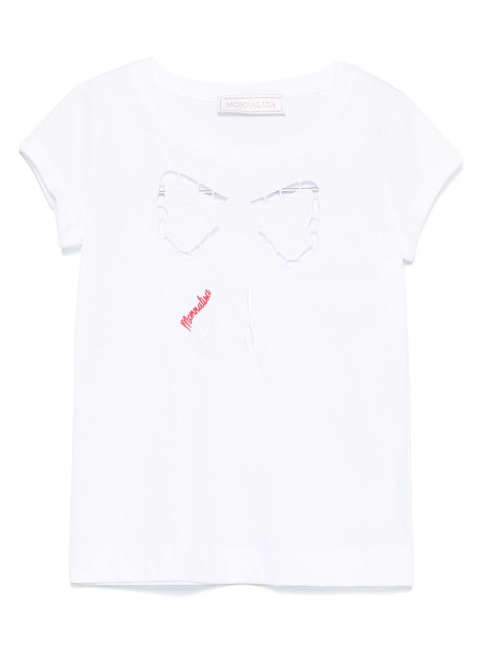 Monnalisa T-shirt Fiocco San Gallo Jersey Cotone Fermo In White