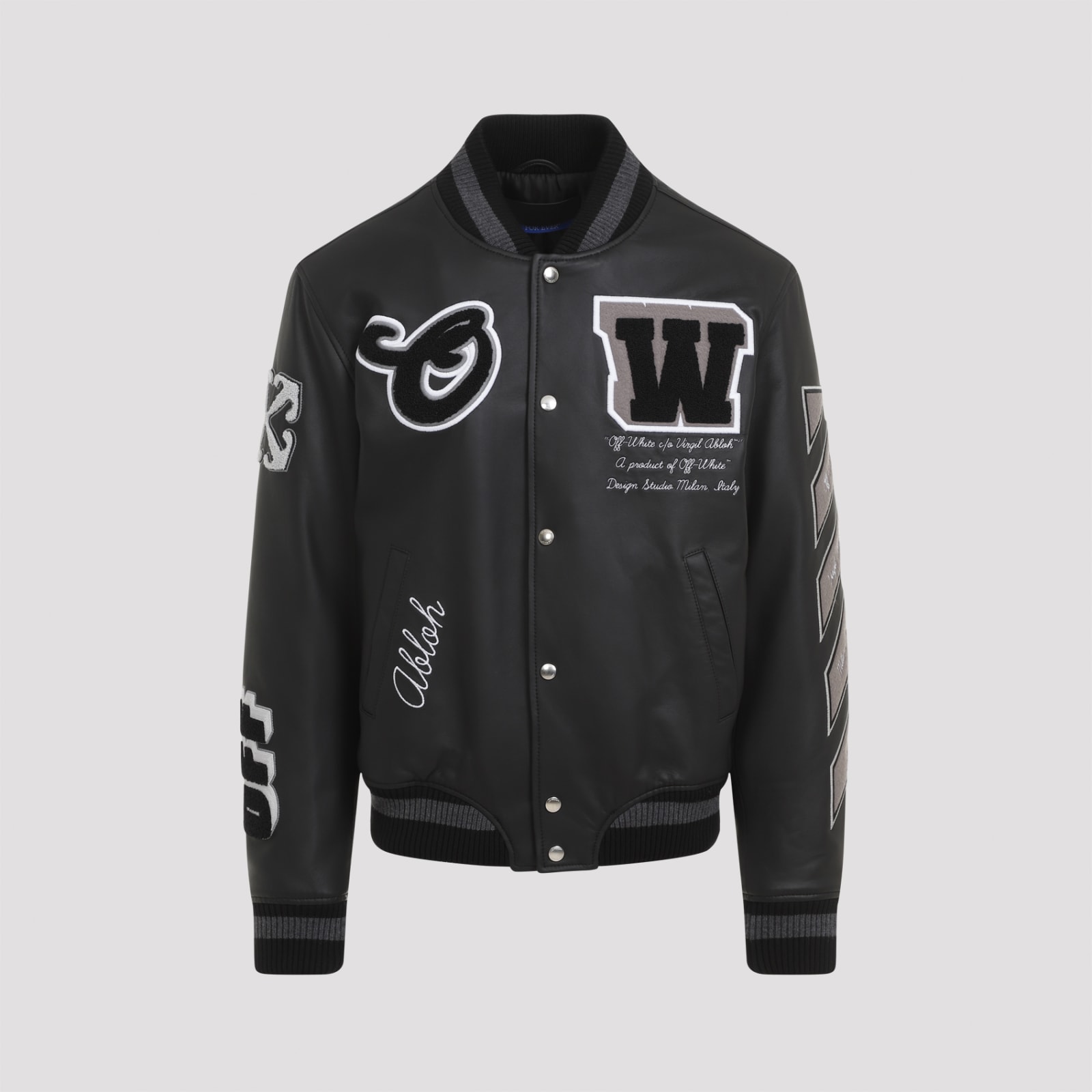 Shop Off-white Full Leather Varsity Jacket In Black Black