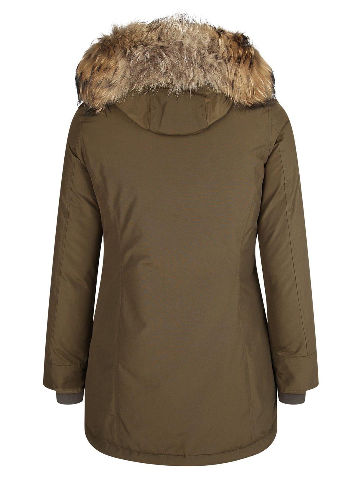Shop Woolrich Fur-trimmed Hooded Padded Coat In Dag Dark Green