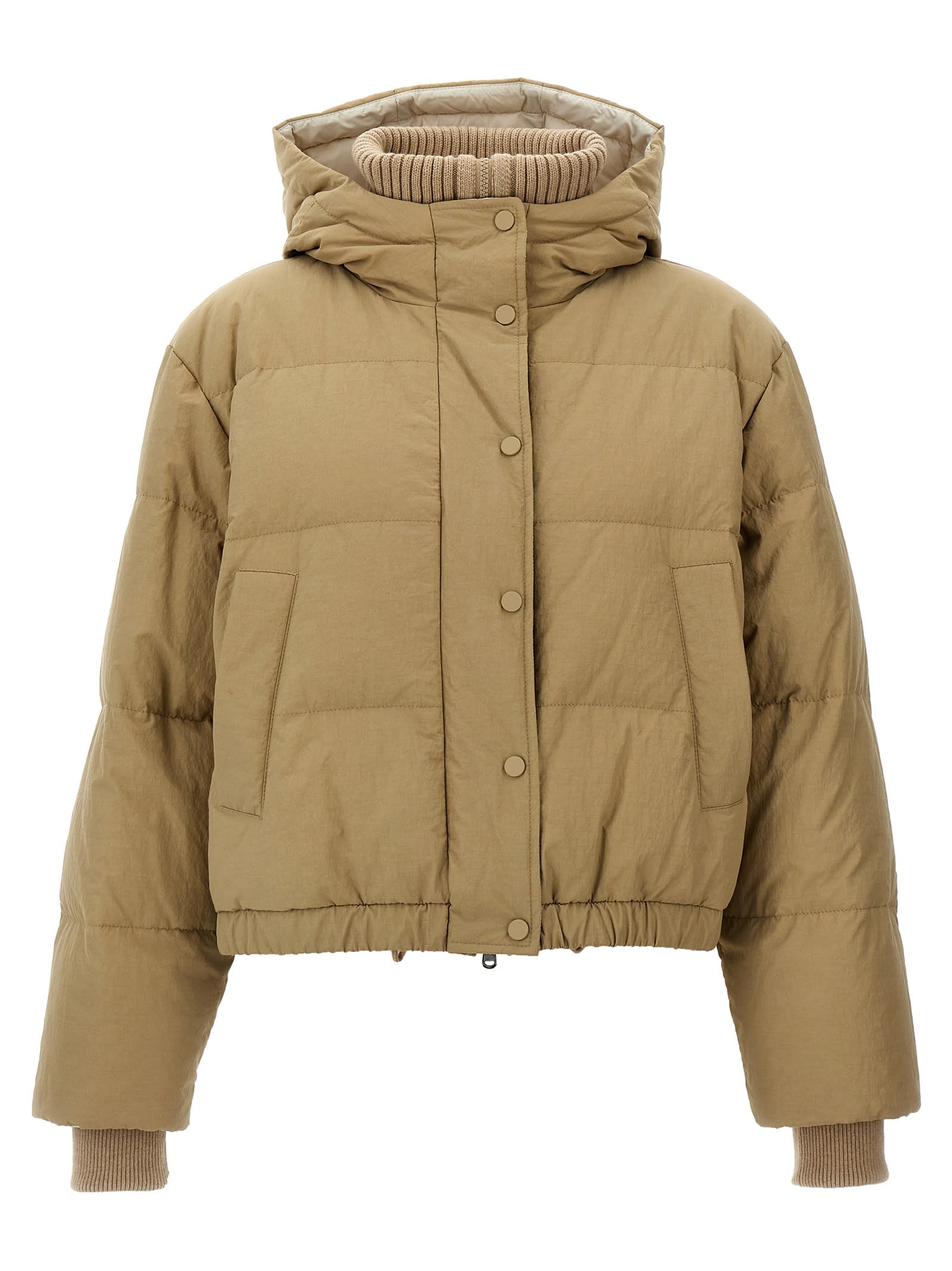 Shop Brunello Cucinelli Hooded Knit Insert Down Jacket In Beige