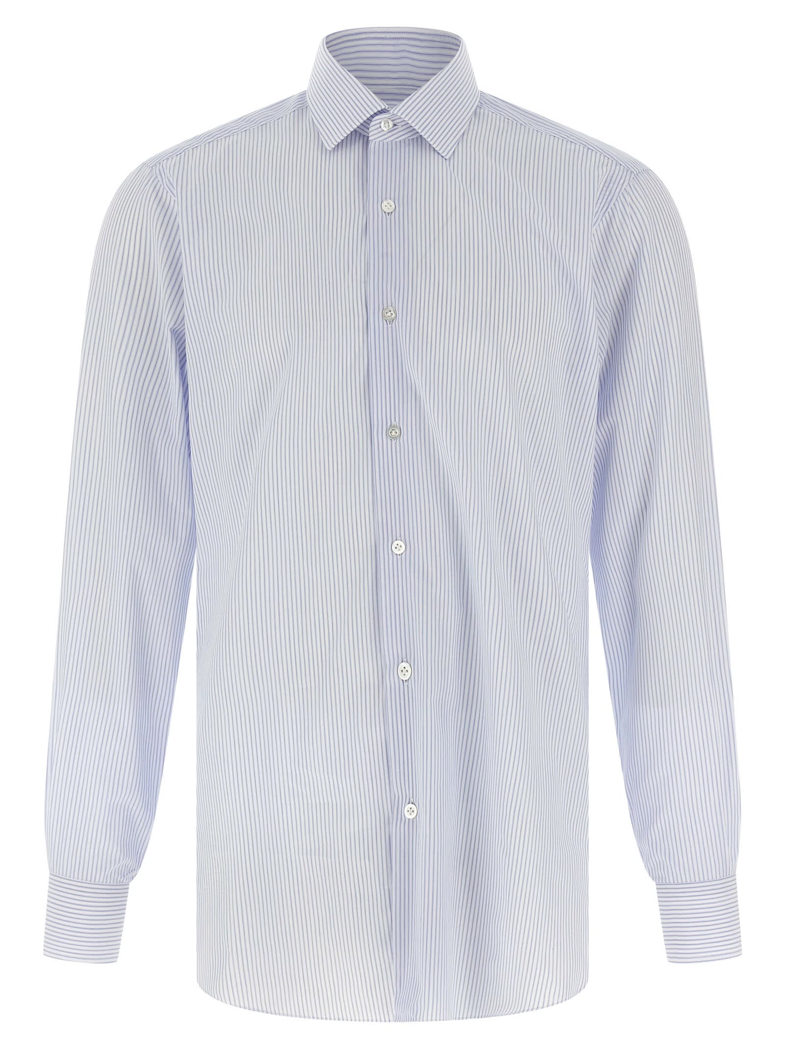 Barba Napoli Vertical Stripe Cotton Poplin Shirt With Structured Collar In Blue