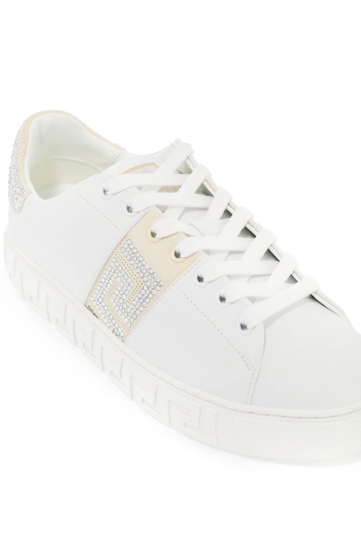 Shop Versace Greca Crystal Sneakers In White+ivory (white)