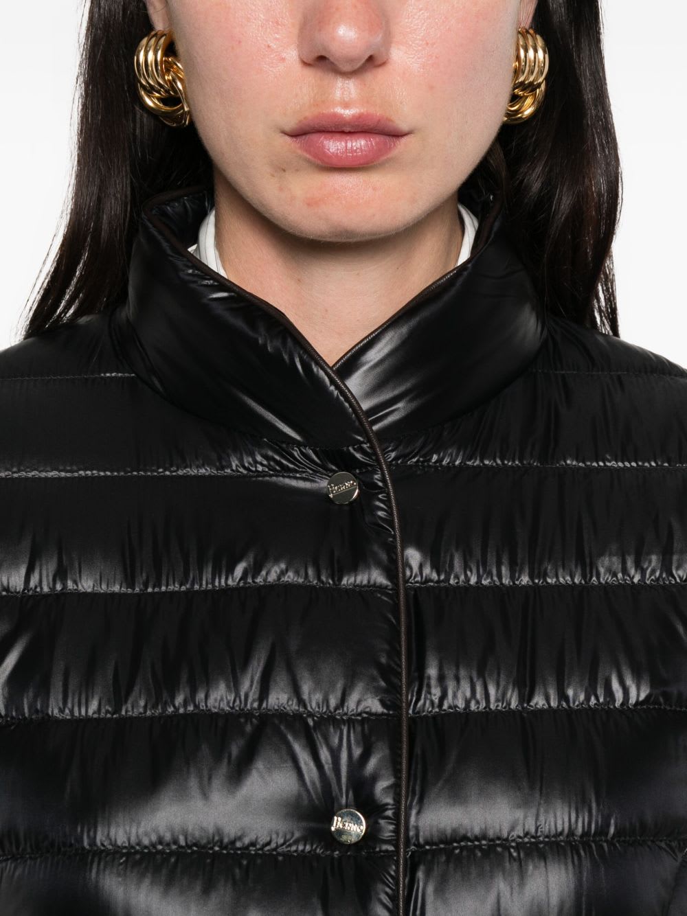 Herno Glossy Black Down Jacket With Drawstring Collar In Black
